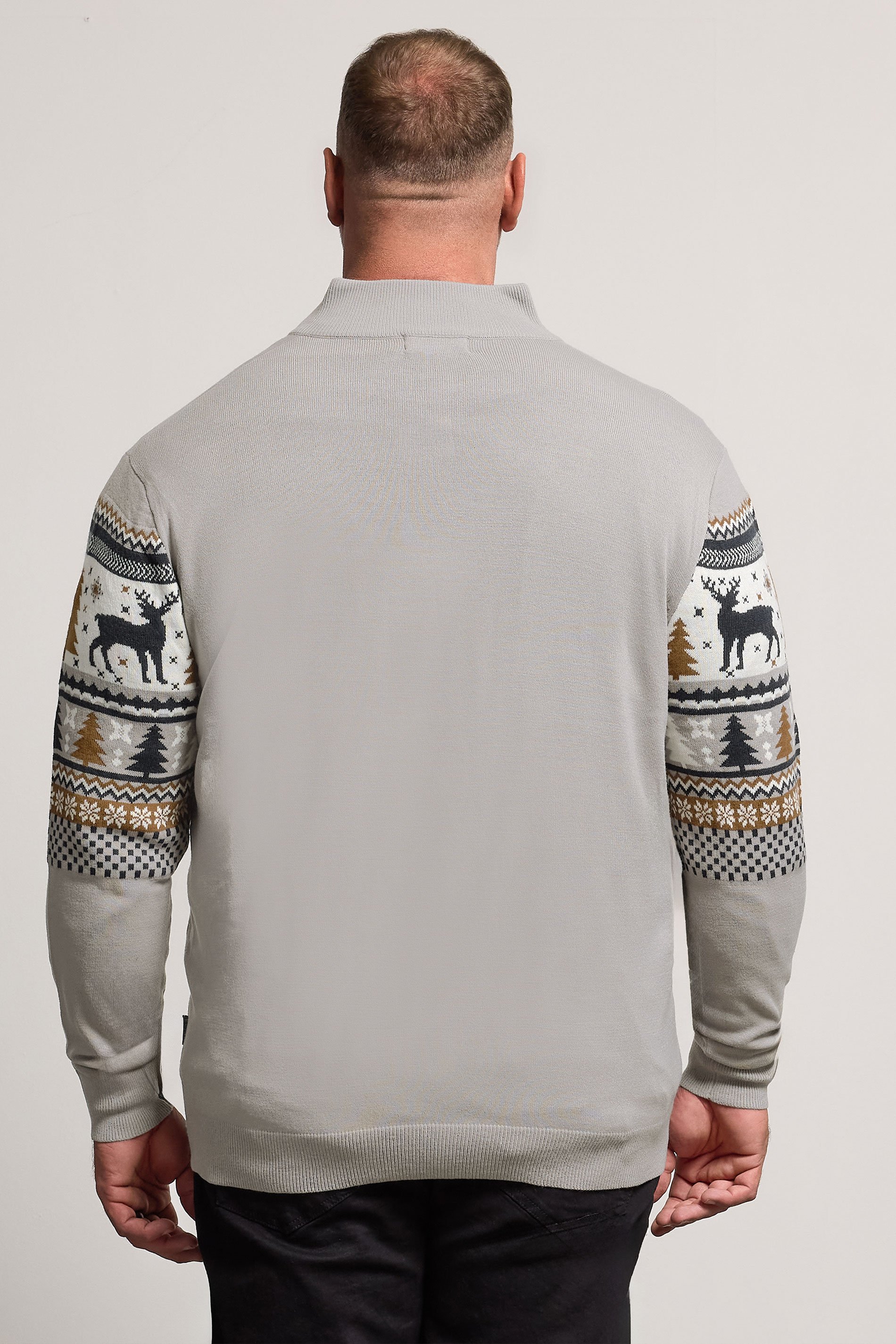 BadRhino Big & Tall Grey Fairisle Deer Quarter Zip Knitted Jumper | BadRhino 5