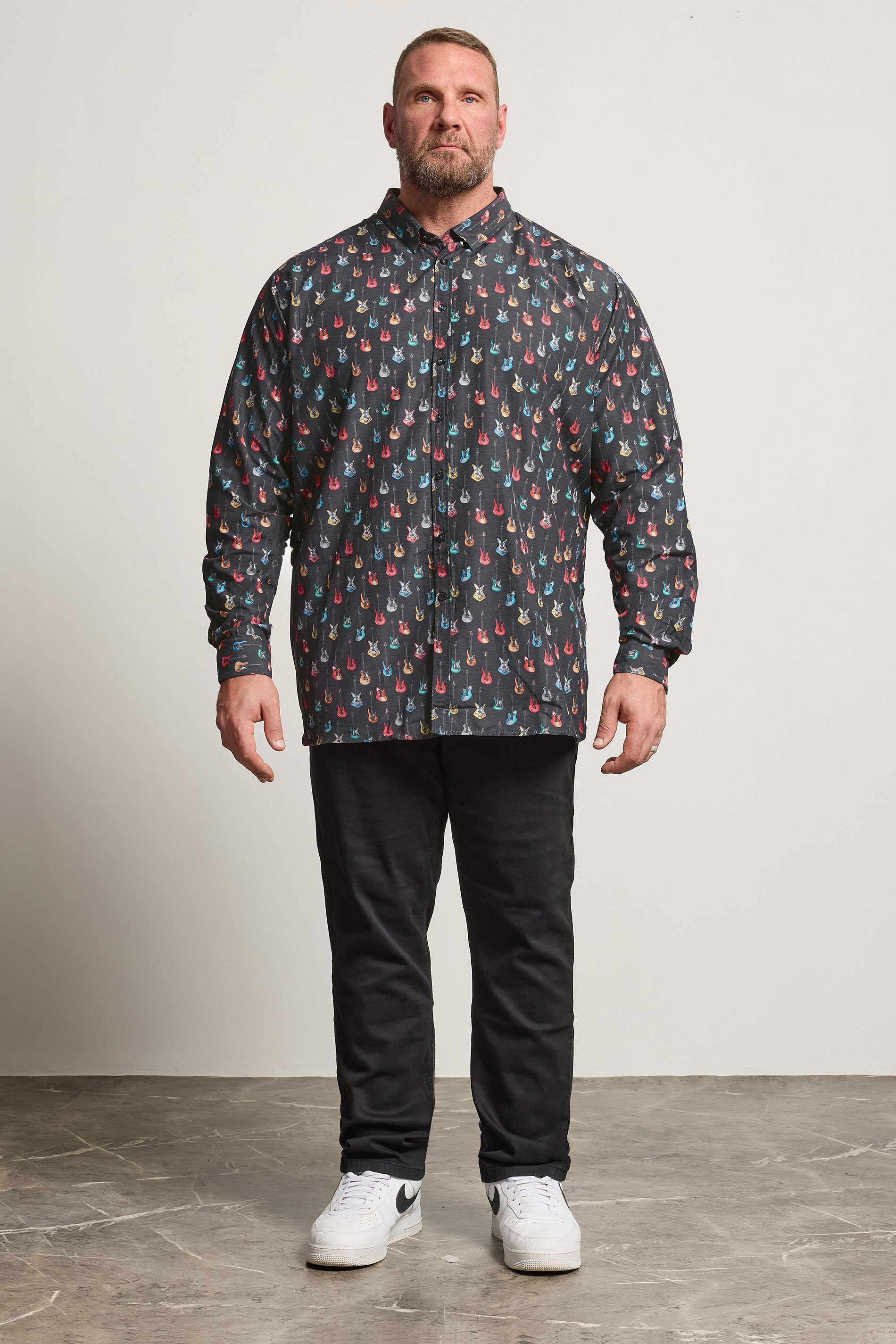 D555 Big & Tall Navy Blue Guitar Print Shirt | BadRhino 2