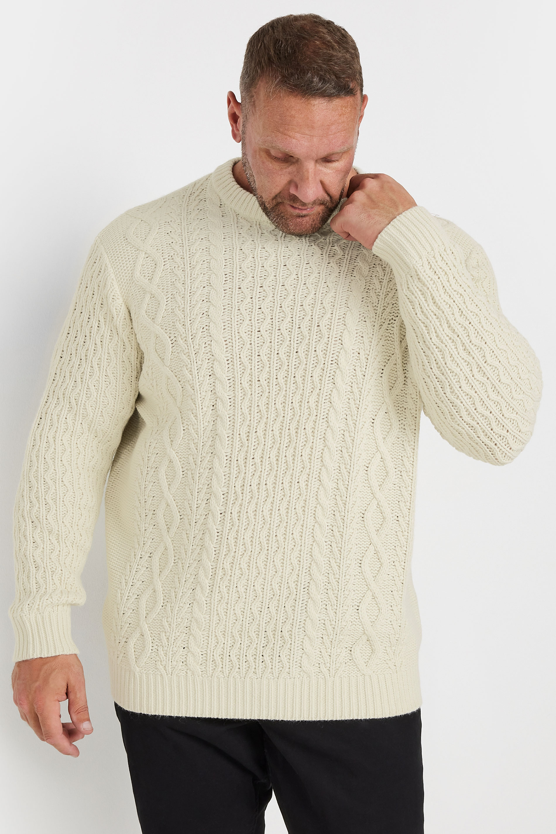 BadRhino Big & Tall Cream Crew Neck Cable Knit Jumper | BadRhino 2