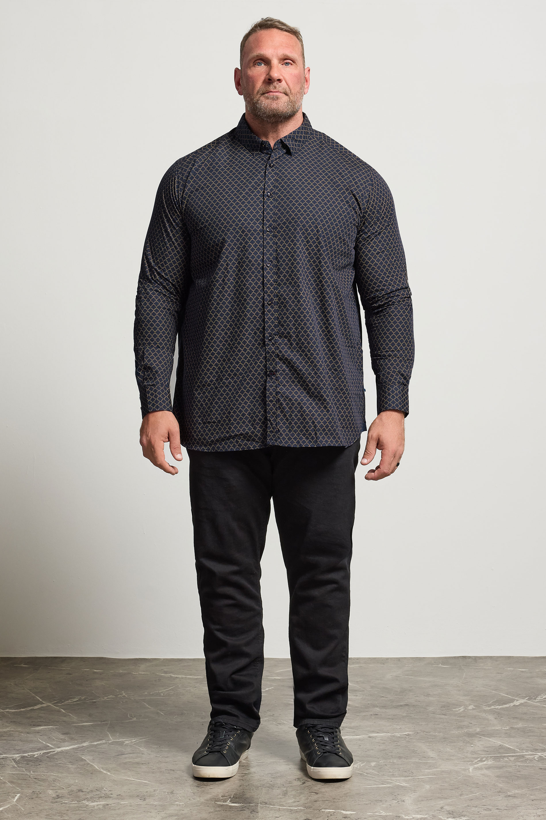 D555 Big & Tall Navy Blue & Gold Geometric Print Shirt | BadRhino 2