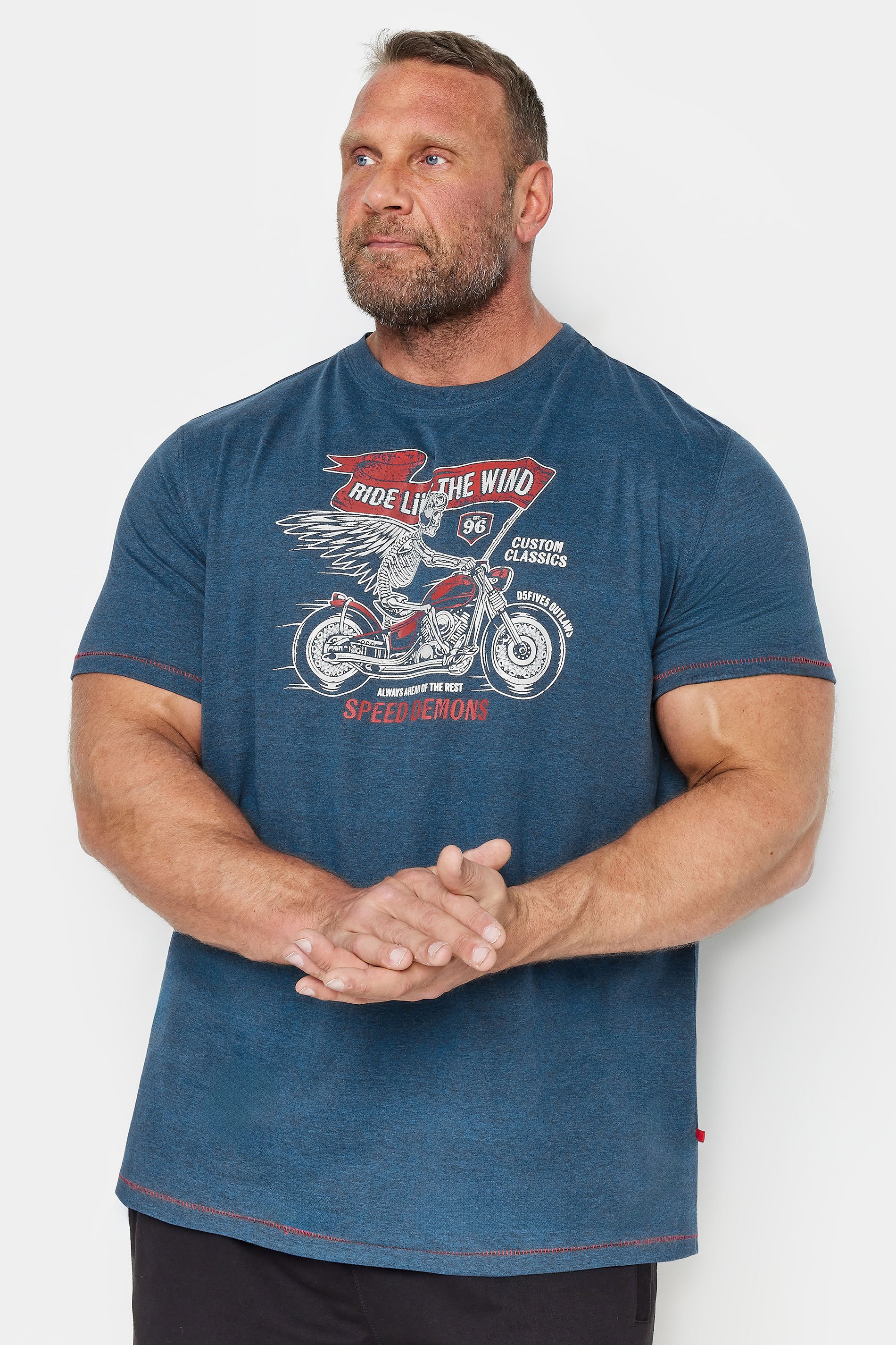 D555 Big & Tall Navy Blue Skeleton Motorbike T-Shirt | BadRhino 1