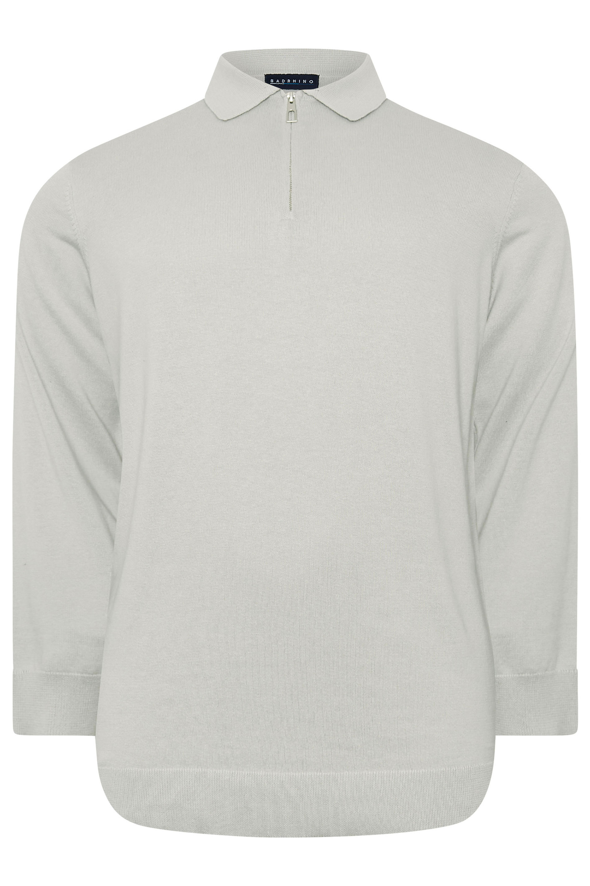 BadRhino Big & Tall Grey Knitted Long Sleeve Zip Polo Shirt | BadRhino 3