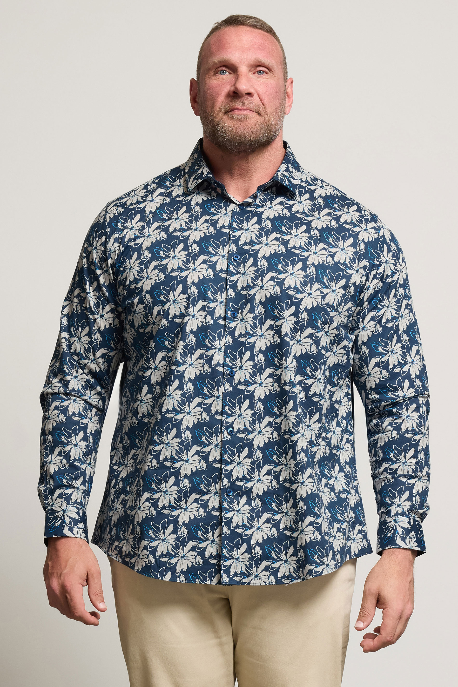 BadRhino Tailoring Big & Tall Navy Blue Premium Leaf Print Long Sleeve Shirt | BadRhino 1