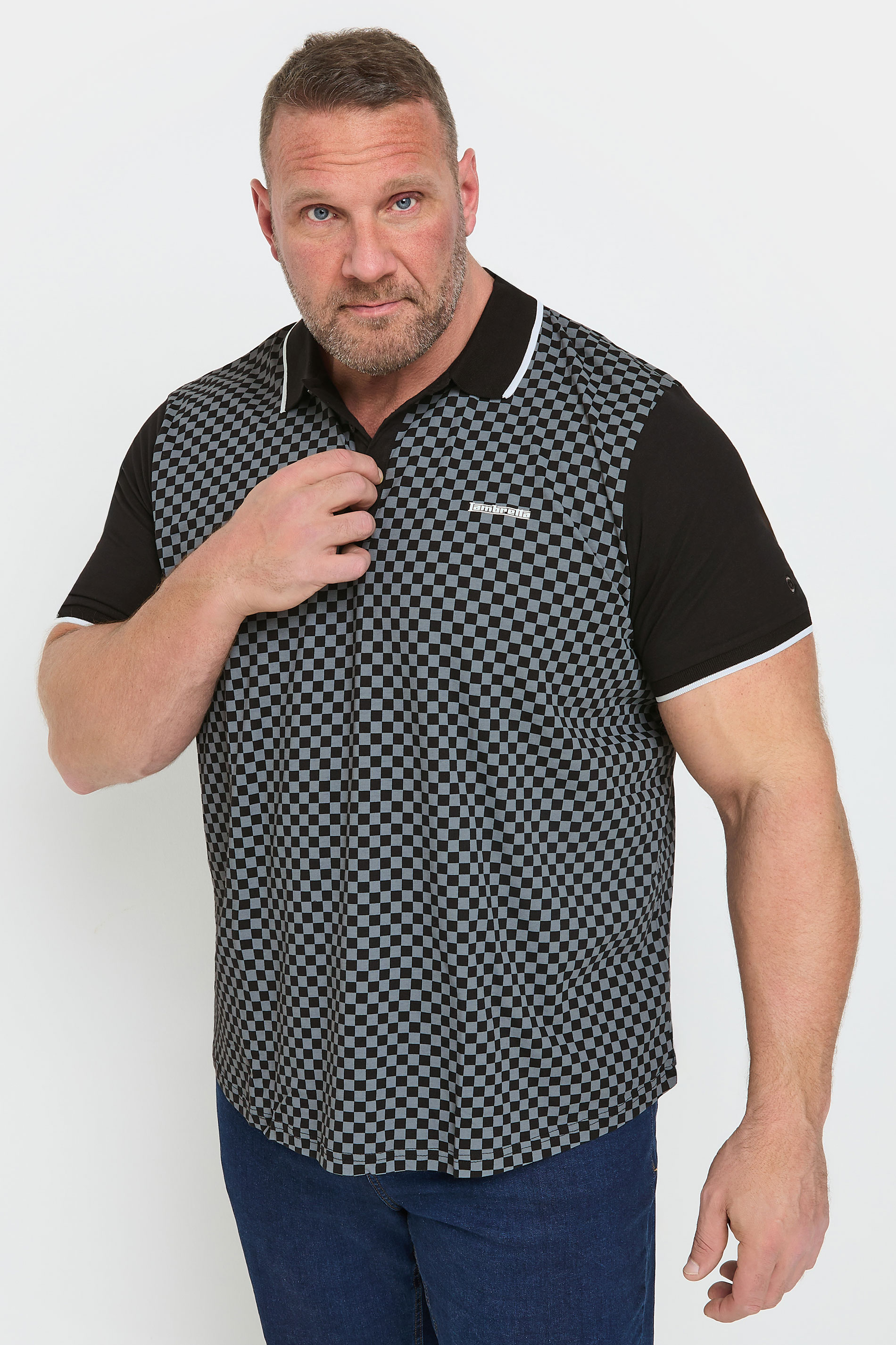 LAMBRETTA Big & Tall Black Two Tone Checker Print Polo Shirt | BadRhino 1