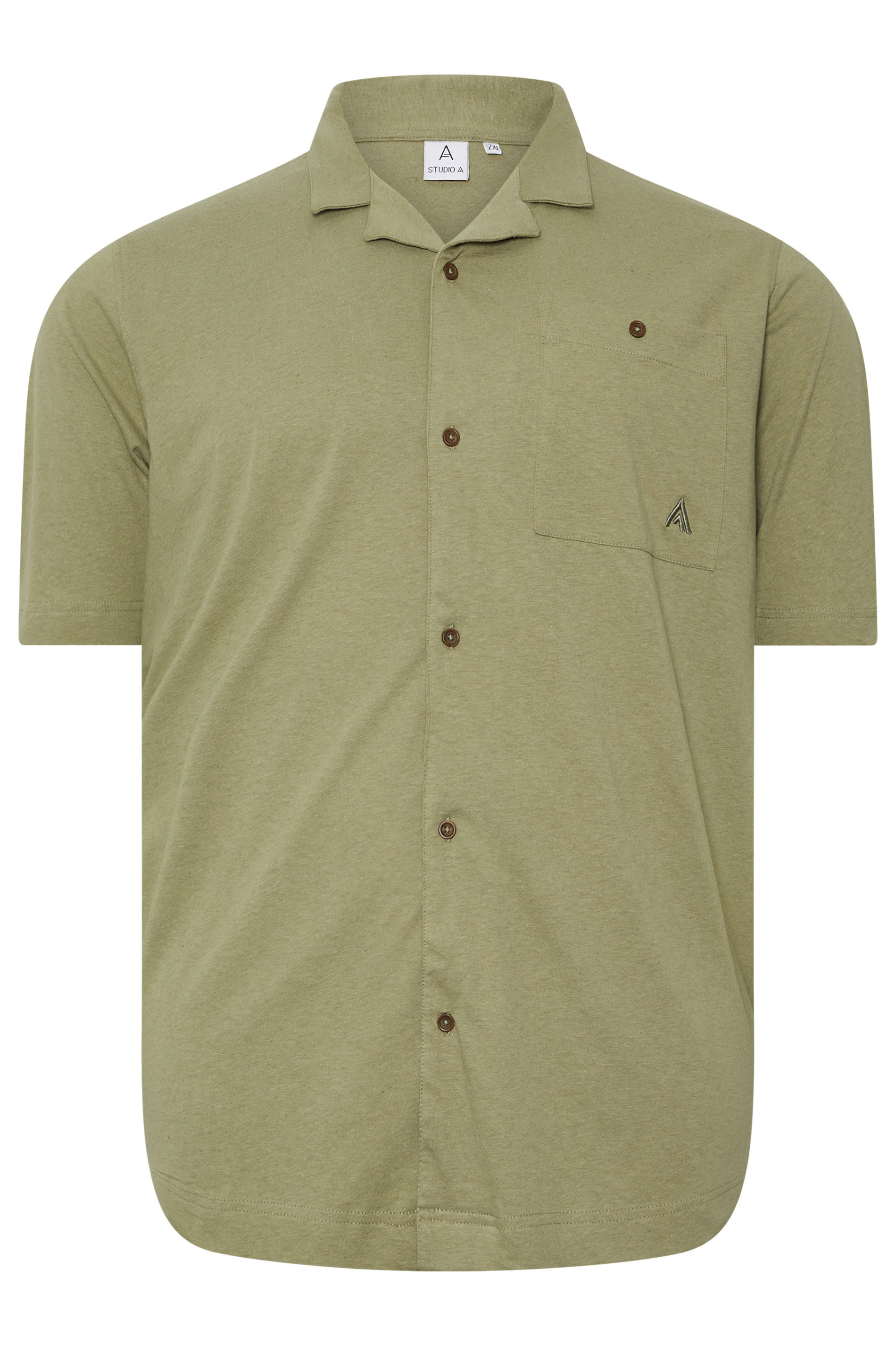 STUDIO A Big & Tall Khaki Green Linen Revere Polo Shirt 3