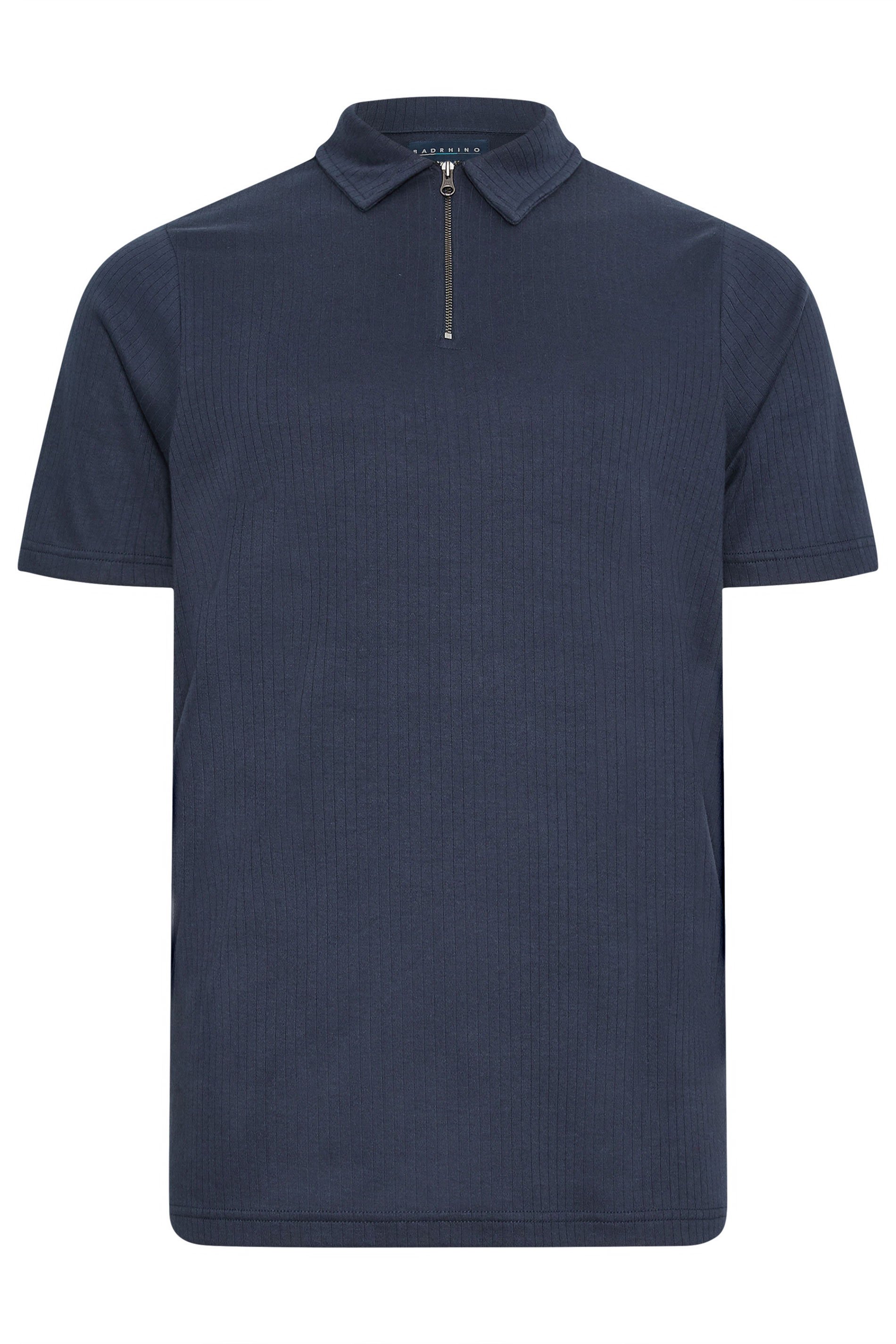 BadRhino Big & Tall Navy Blue Jacquard Zip Neck Polo Shirt | BadRhino 3