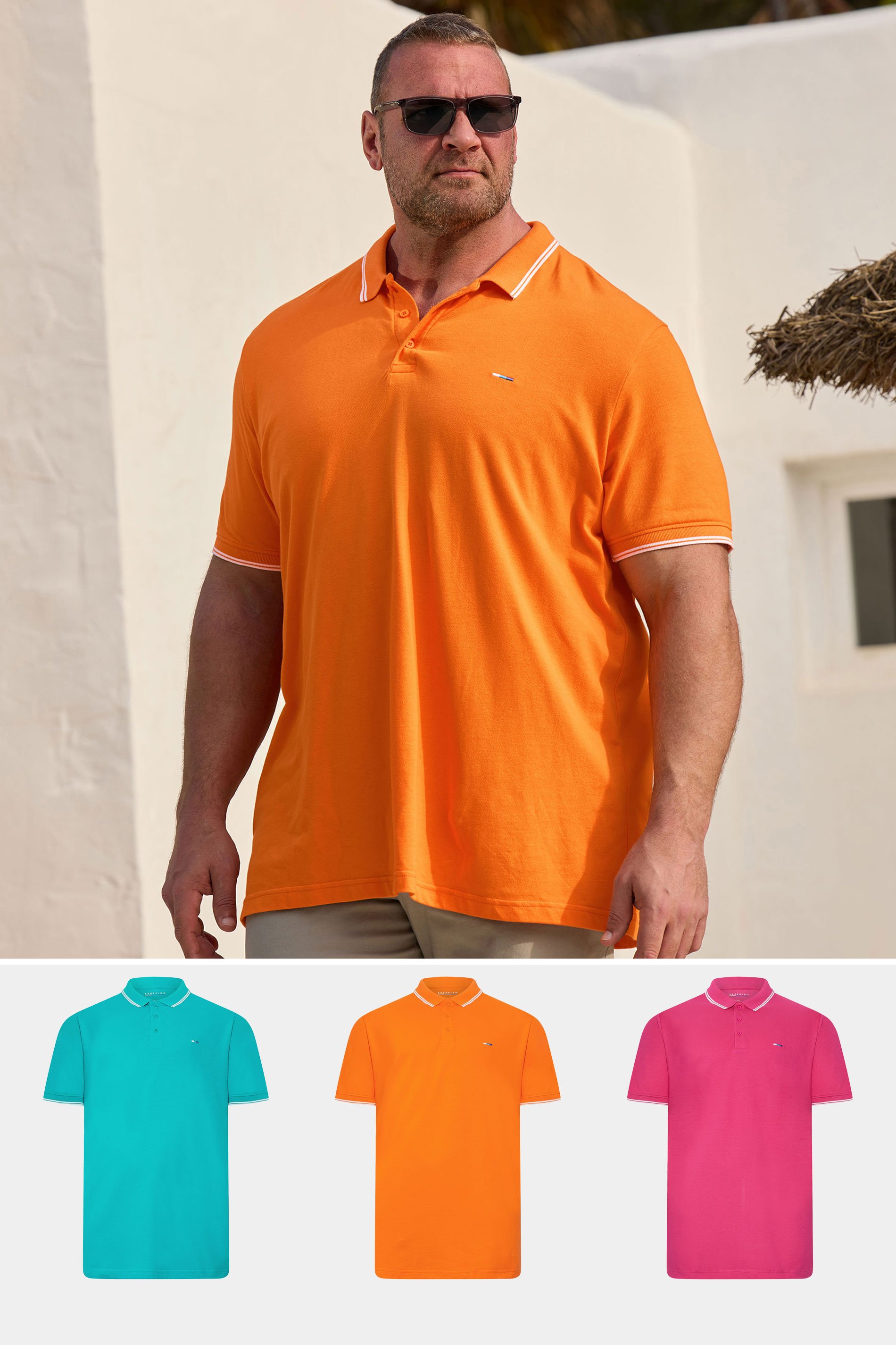 BadRhino Big & Tall 3 Pack Pink & Orange Tipped Polo Shirts | BadRhino 1