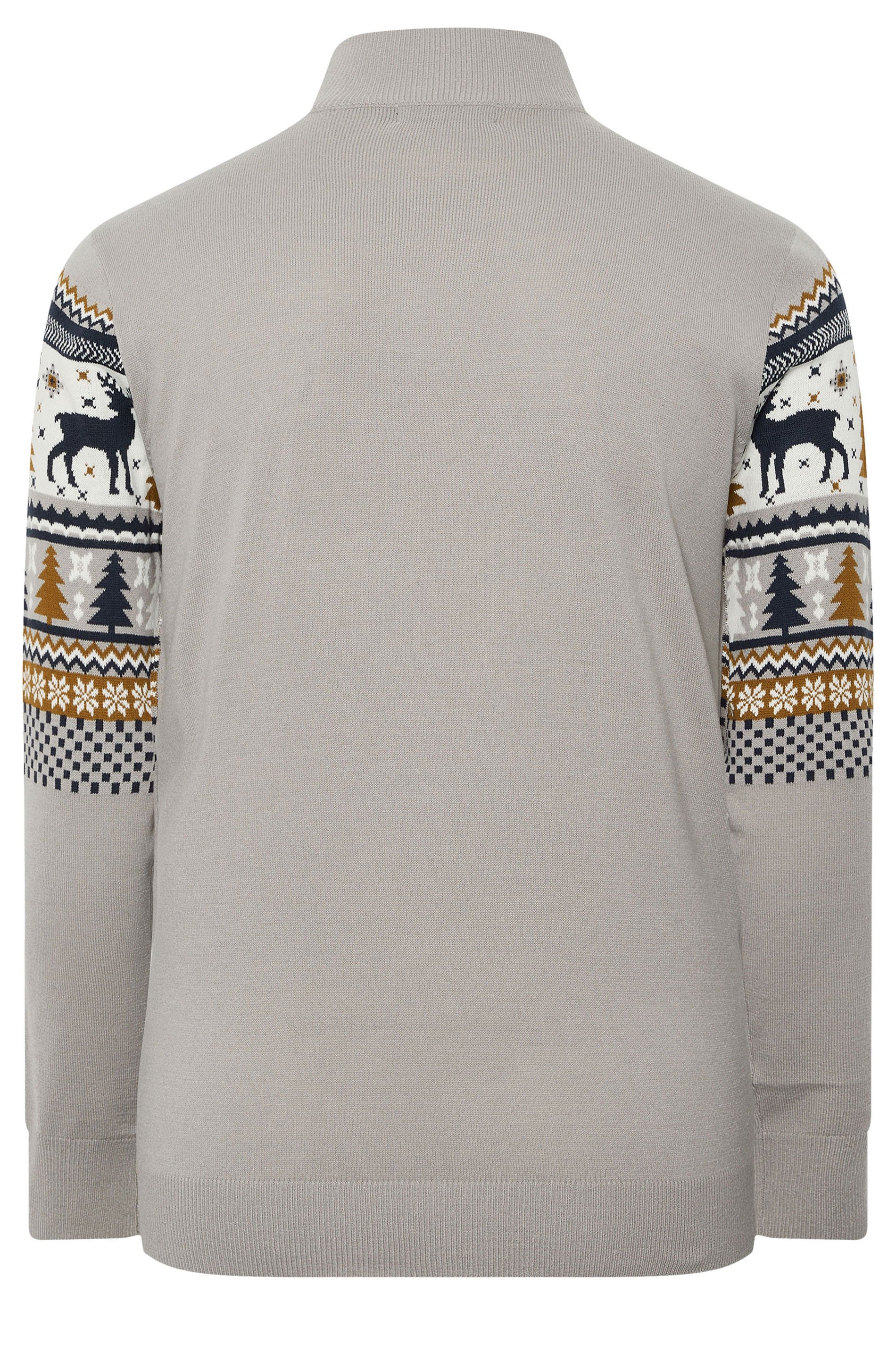 BadRhino Big & Tall Grey Fairisle Deer Quarter Zip Knitted Jumper | BadRhino 8