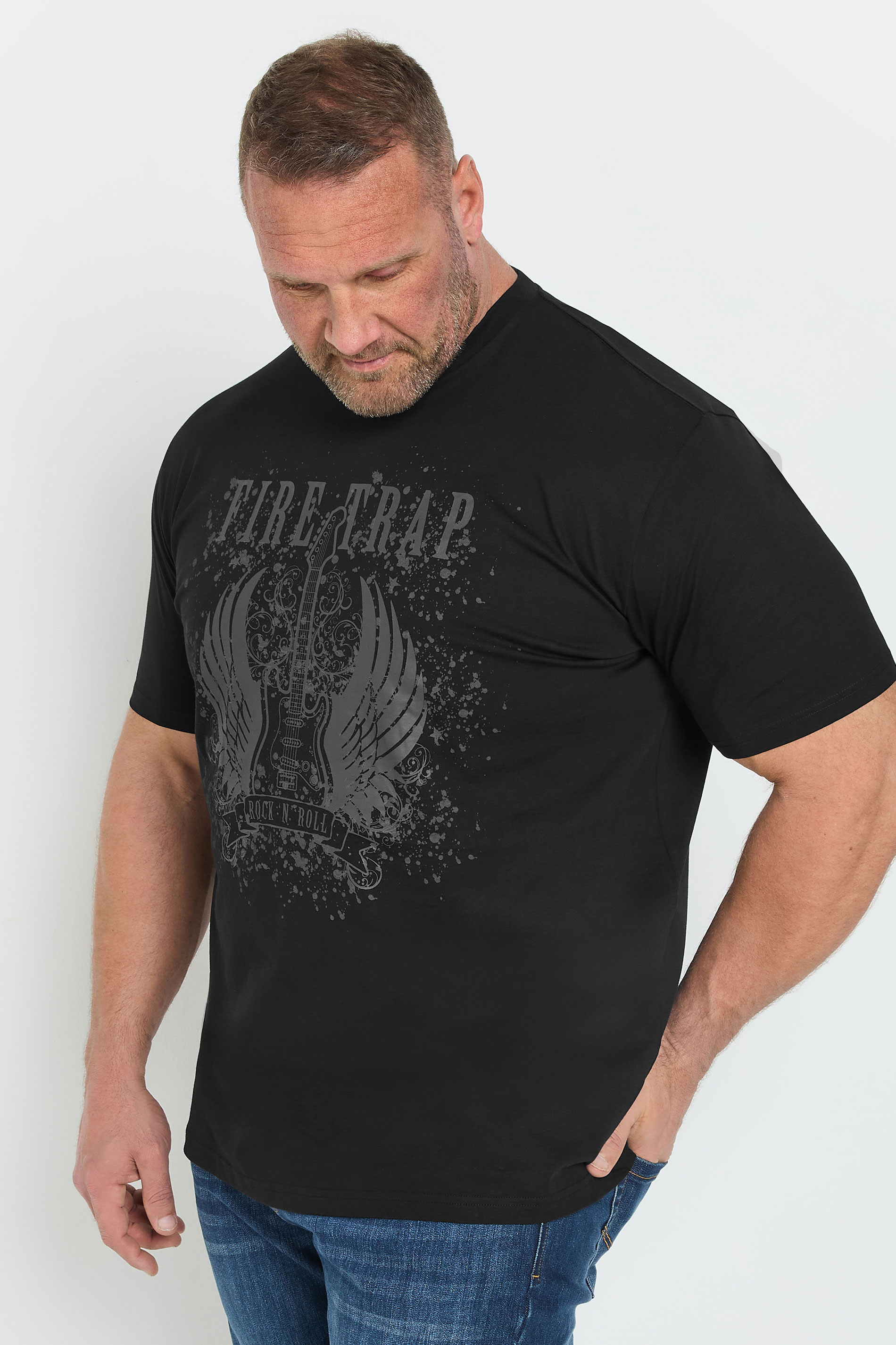 FIRETRAP Big & Tall Black 'Rock 'N' Roll' Print T-Shirt | BadRhino 1