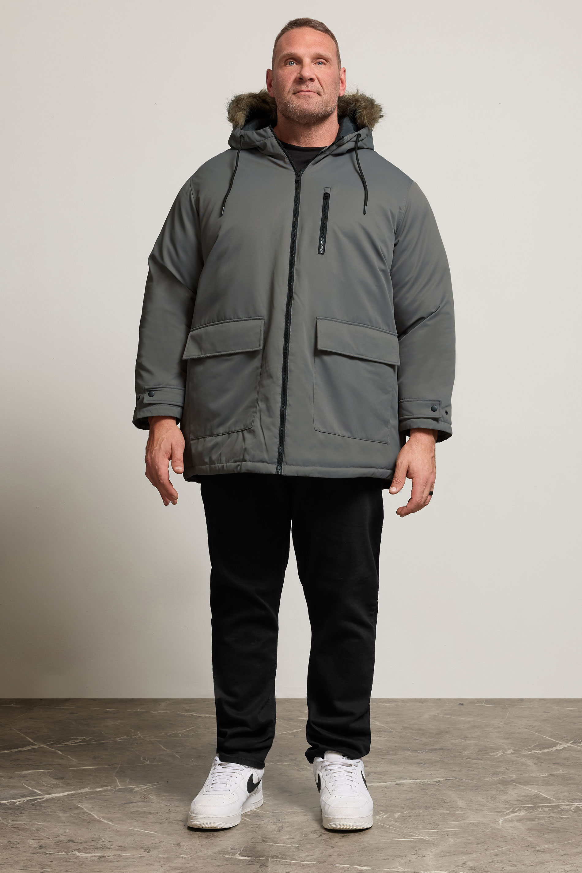 JACK & JONES Big & Tall Grey Faux Fur Detachable Hooded Parka Jacket | BadRhino 2