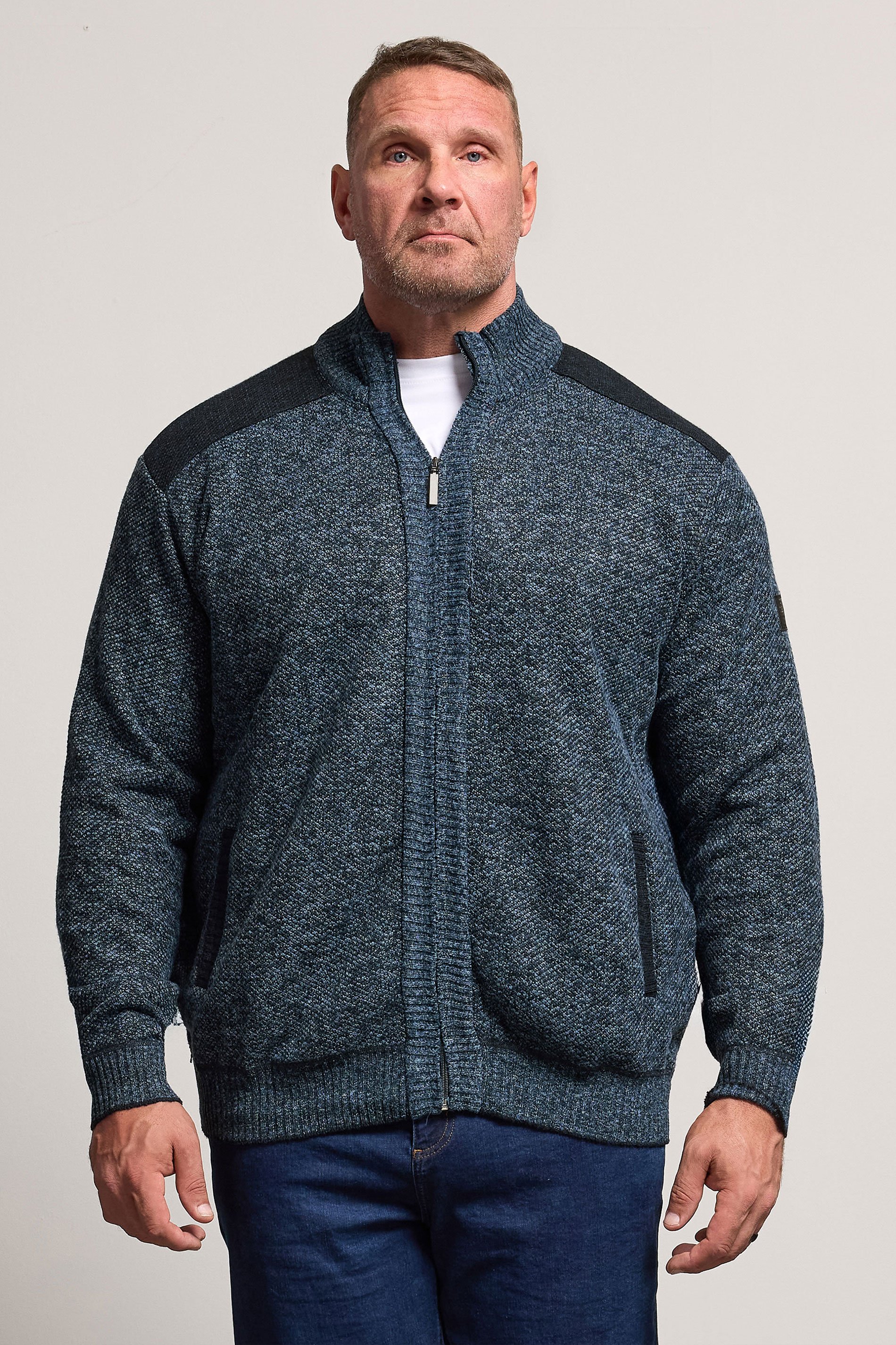 D555 Big & Tall Blue Marl Zip Through Knitted Jumper | BadRhino 1