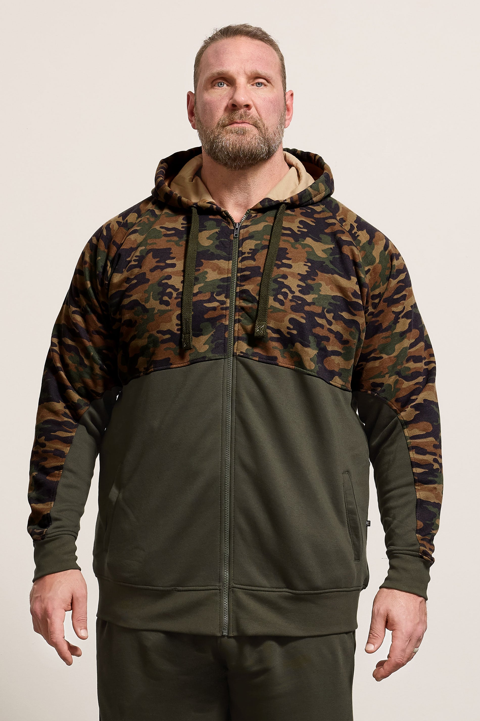 KAM Khaki Green Camo Colour Block Zip Through Hoodie | BadRhino 3