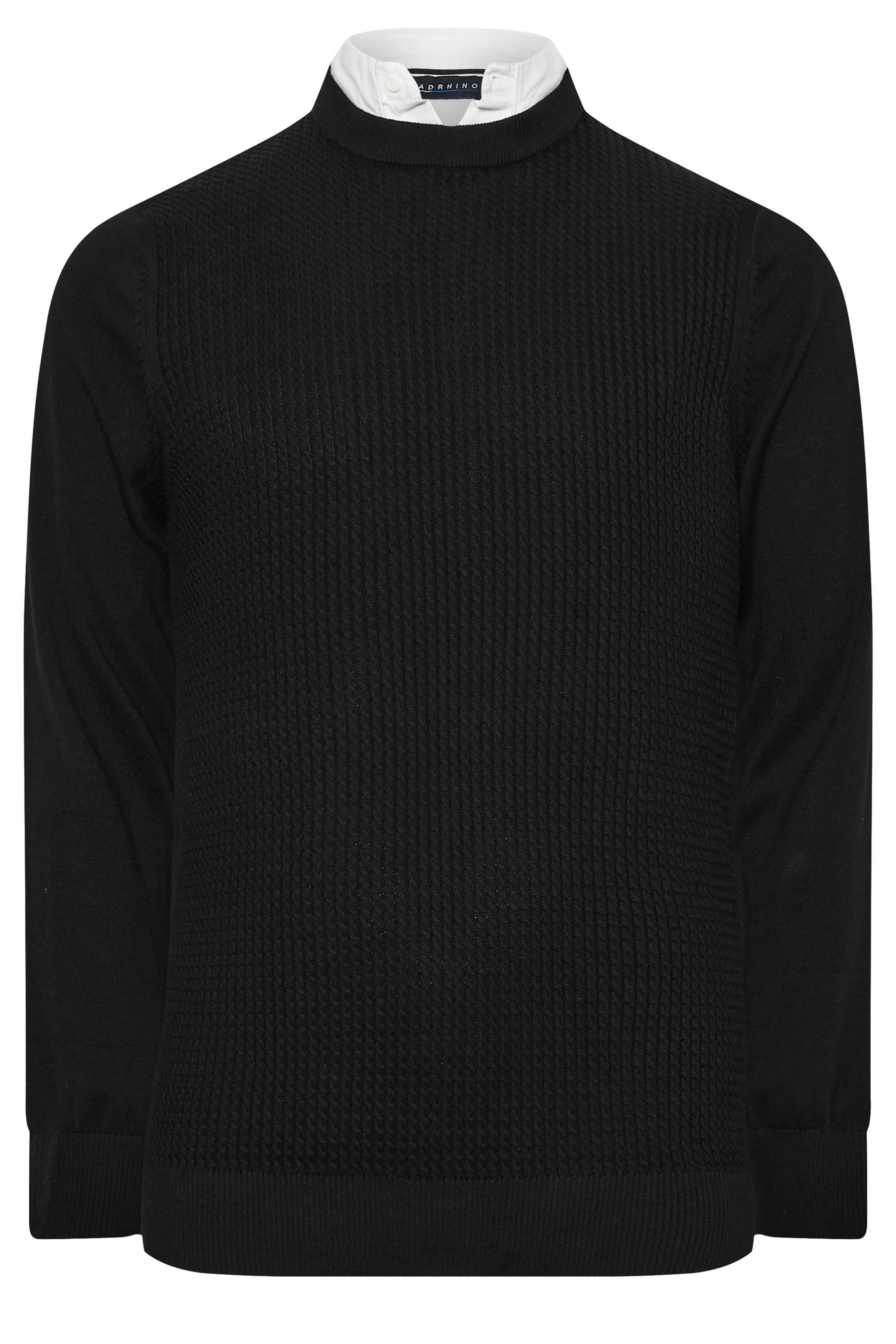 BadRhino Big & Tall Black Cable Knit Mock Shirt Jumper | BadRhino 3