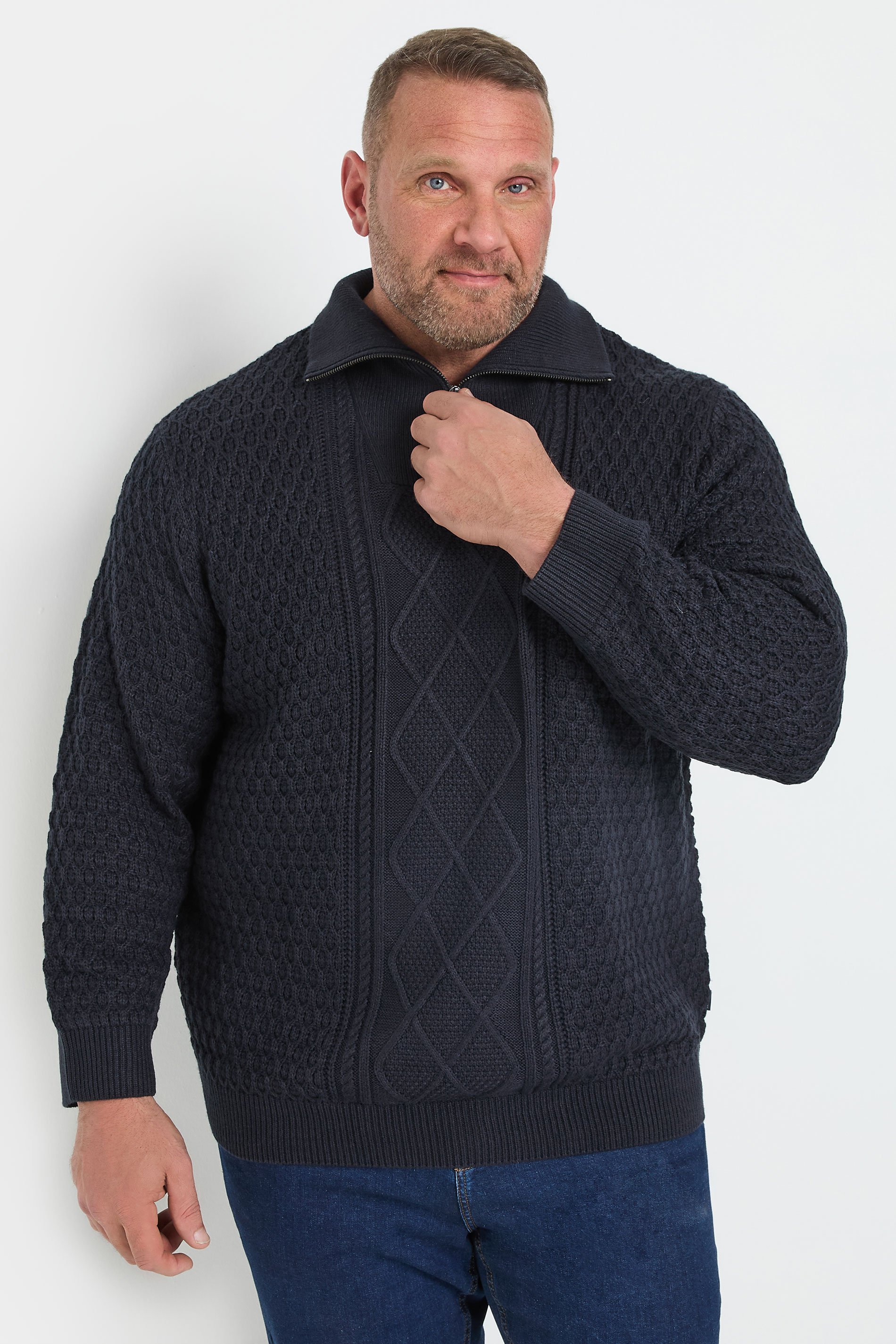 JACK & JONES Big & Tall Navy Blue High Neck Quarter Zip Jumper | BadRhino 1