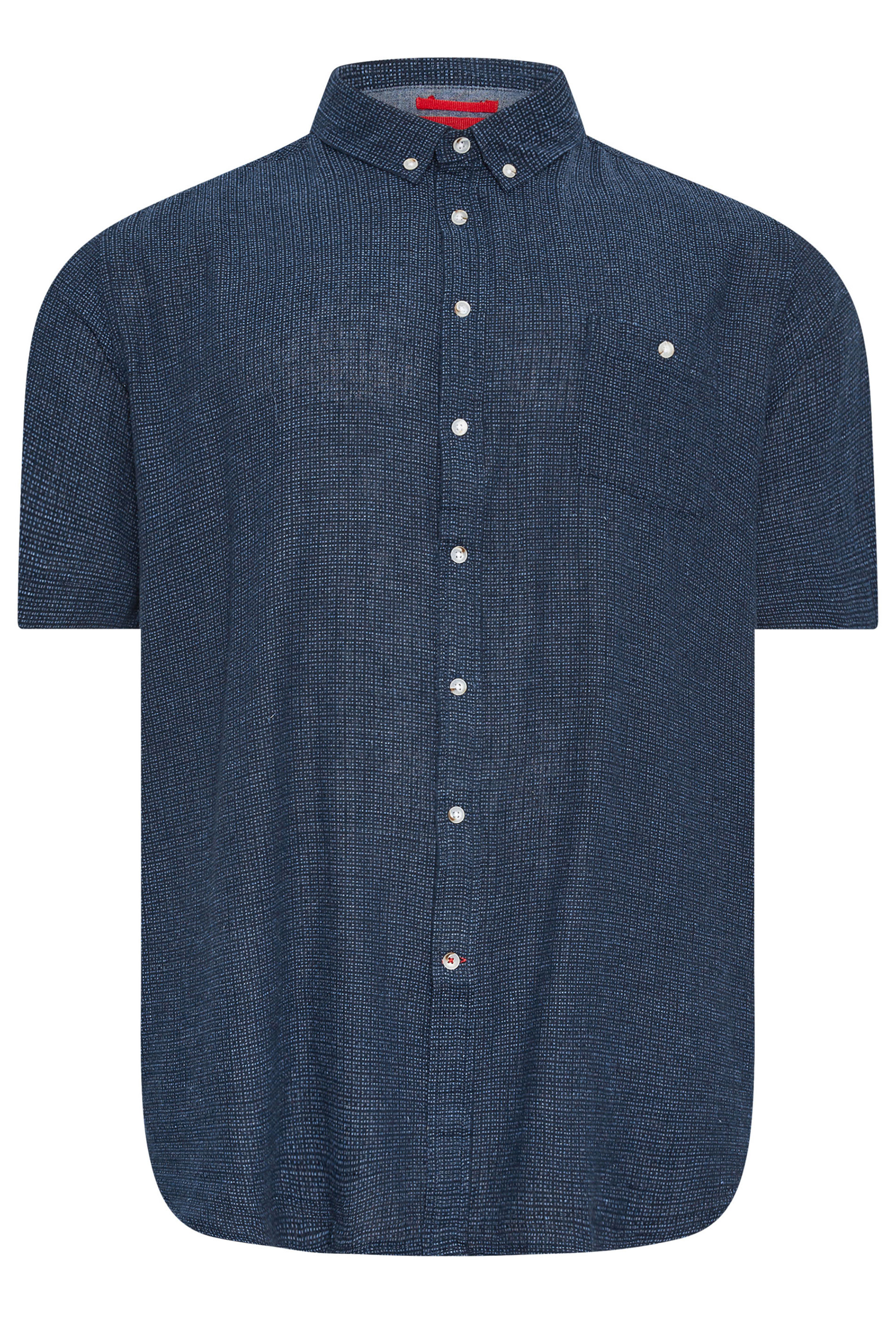 D555 Big & Tall Navy Blue Woven Square Print Linen Mix Short Sleeve Shirt | BadRhino 3
