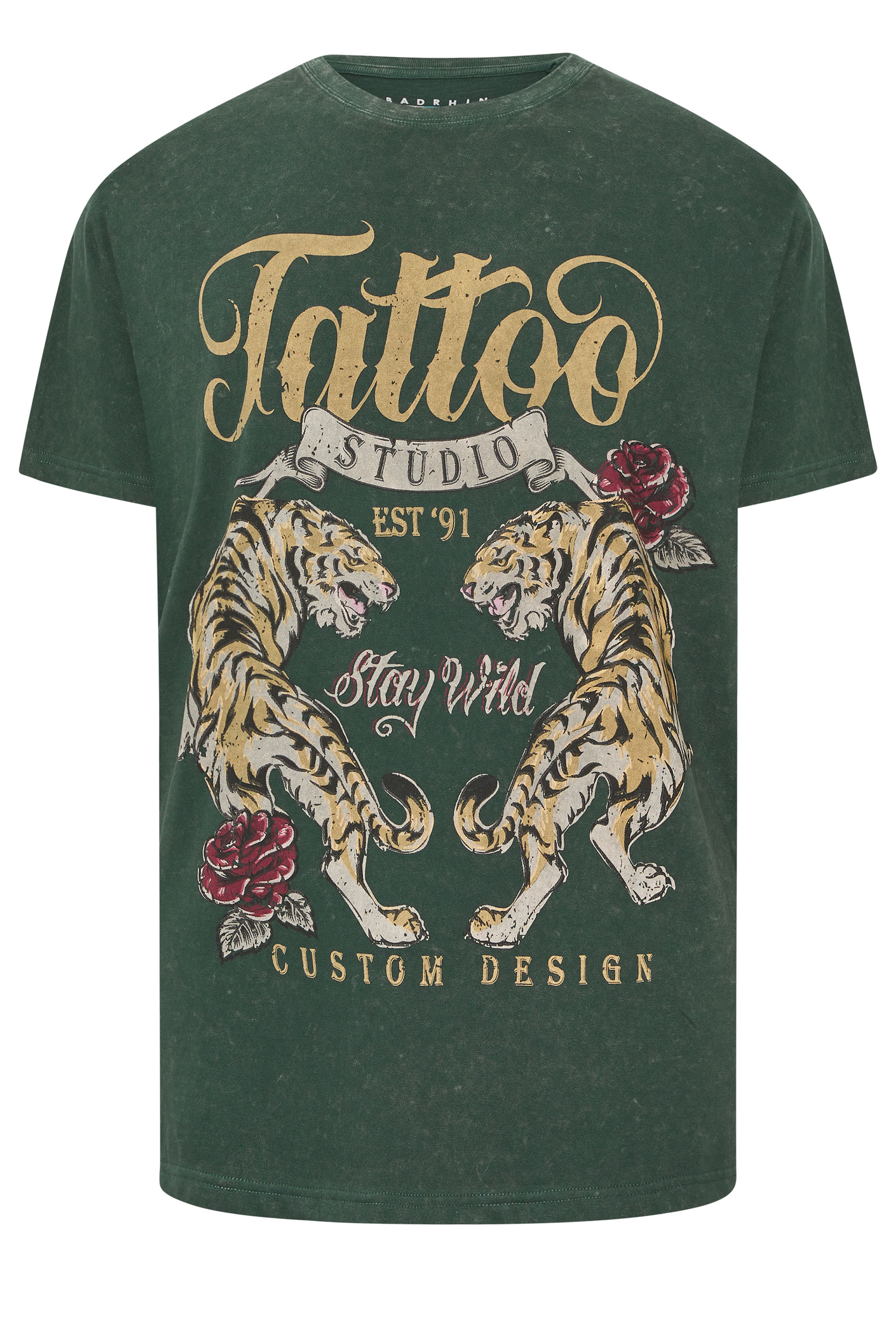 BadRhino Big & Tall Green Acid Wash Tattoo Tiger Graphic T-Shirt | BadRhino 6