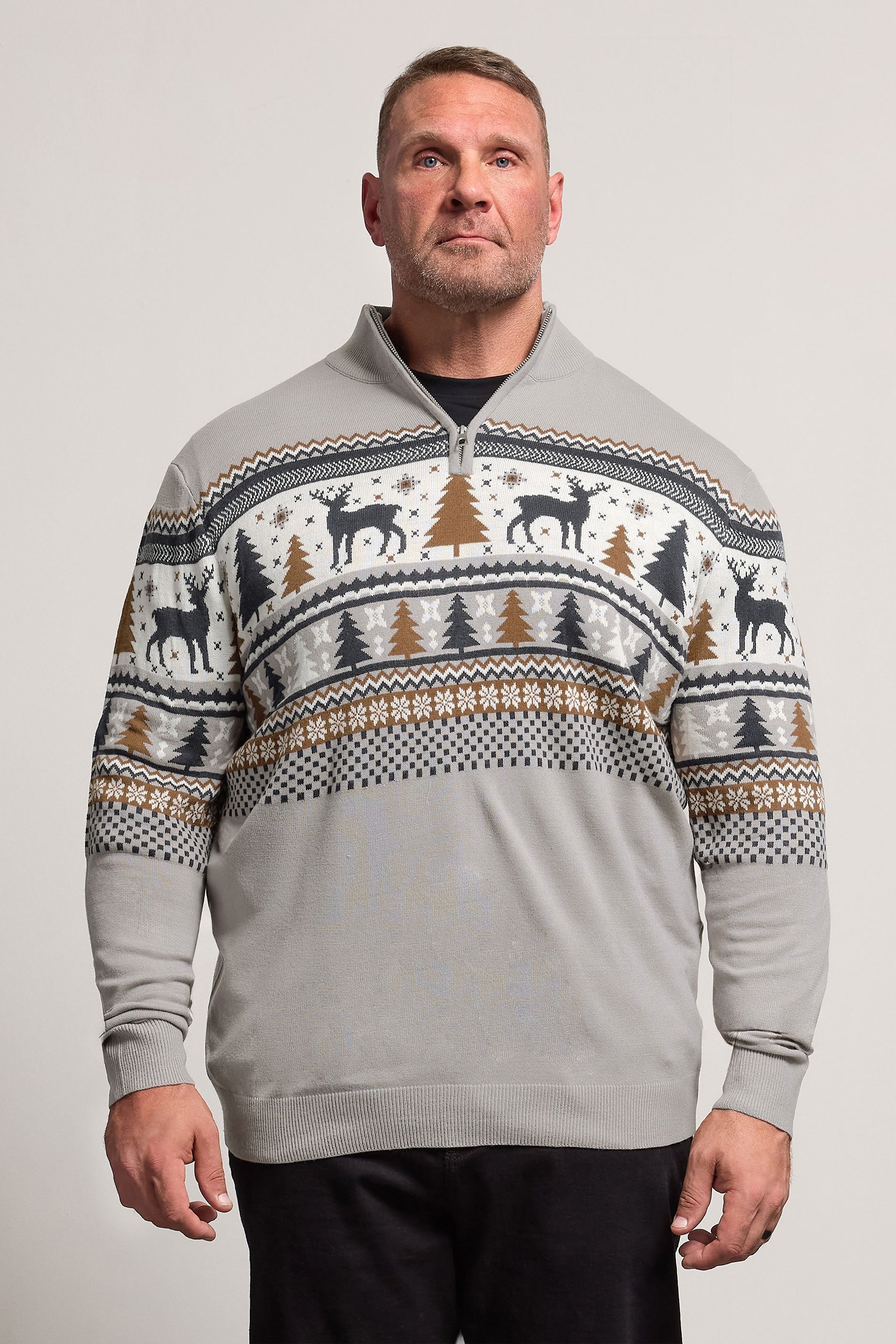 BadRhino Big & Tall Grey Fairisle Deer Quarter Zip Knitted Jumper | BadRhino 3