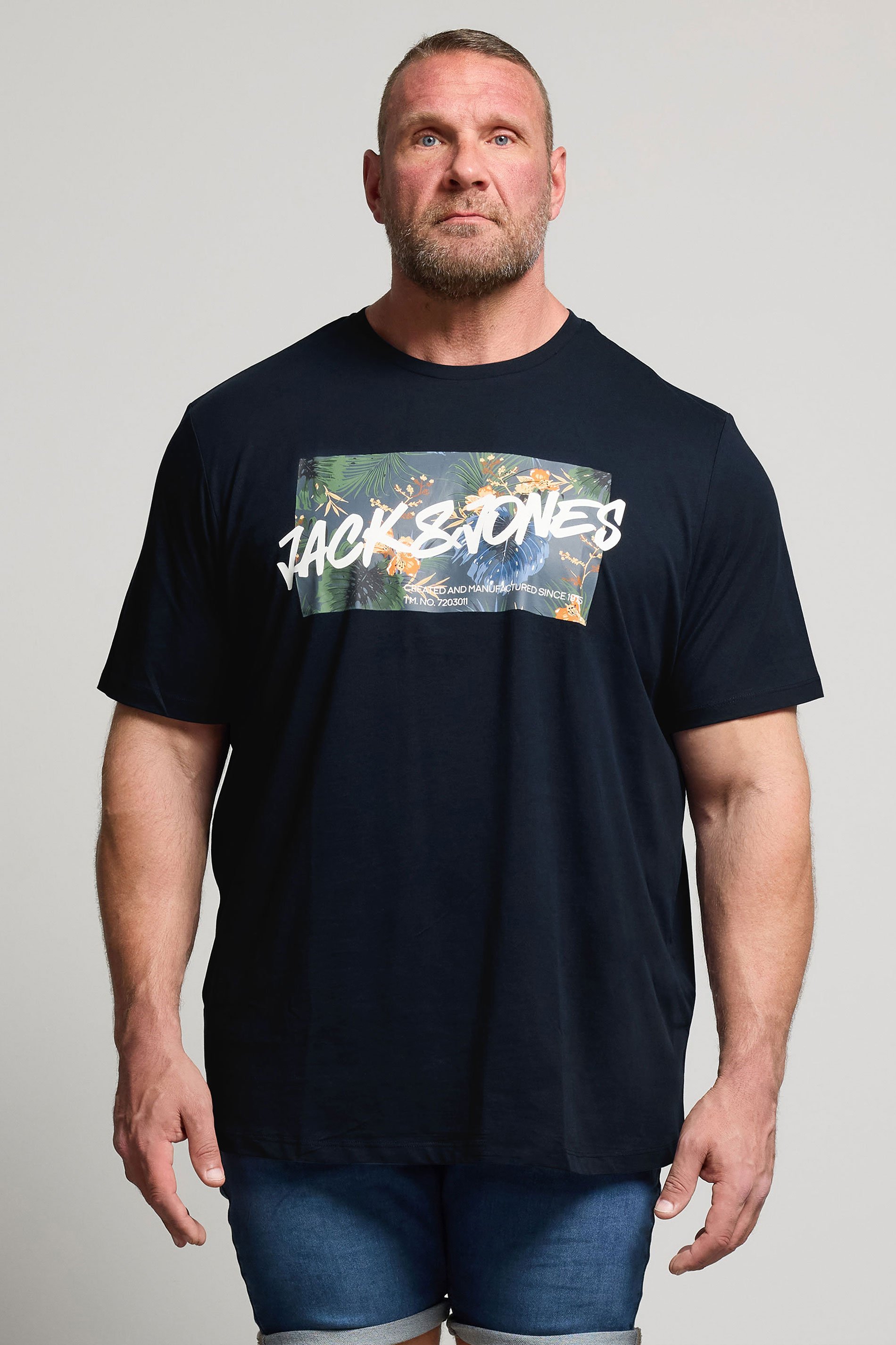 JACK & JONES Big & Tall Navy Blue Hawaiian Graphic T-Shirt | BadRhino 1