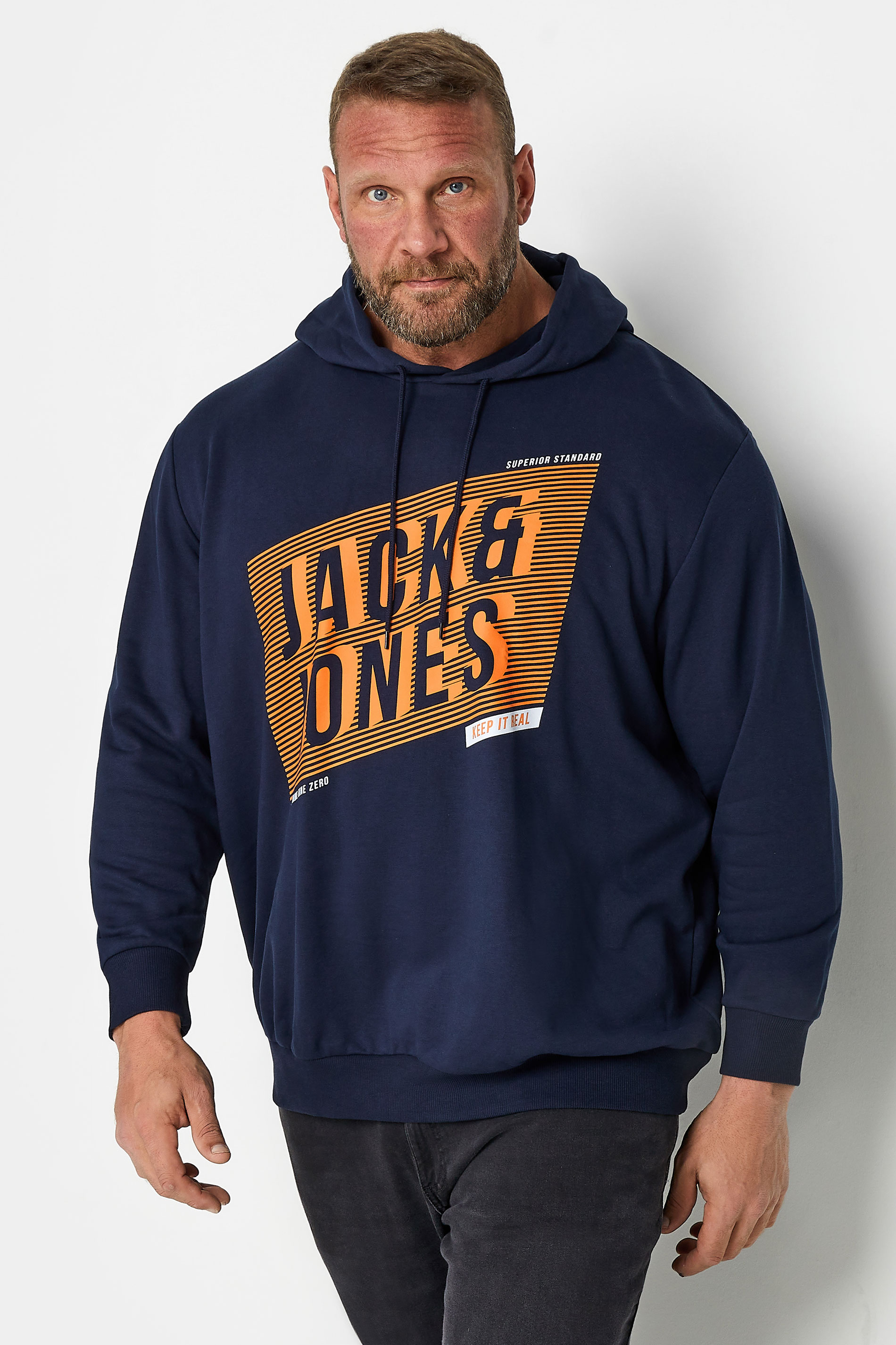 JACK & JONES Big & Tall Navy Blue Diagonal Logo Print Hoodie | BadRhino 1