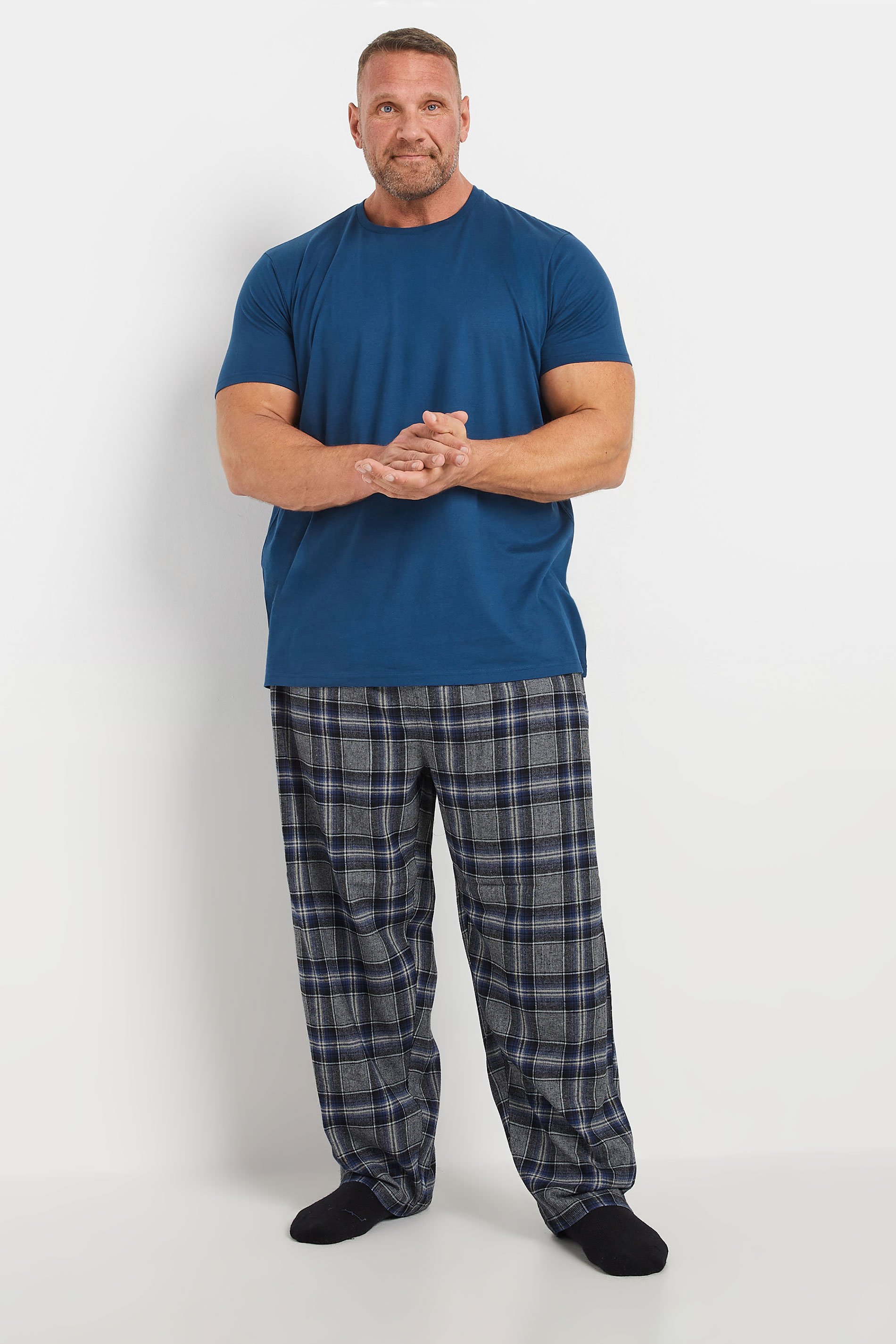 BadRhino Big & Tall Blue T-Shirt & Check Trousers Pyjama Set | BadRhino 2