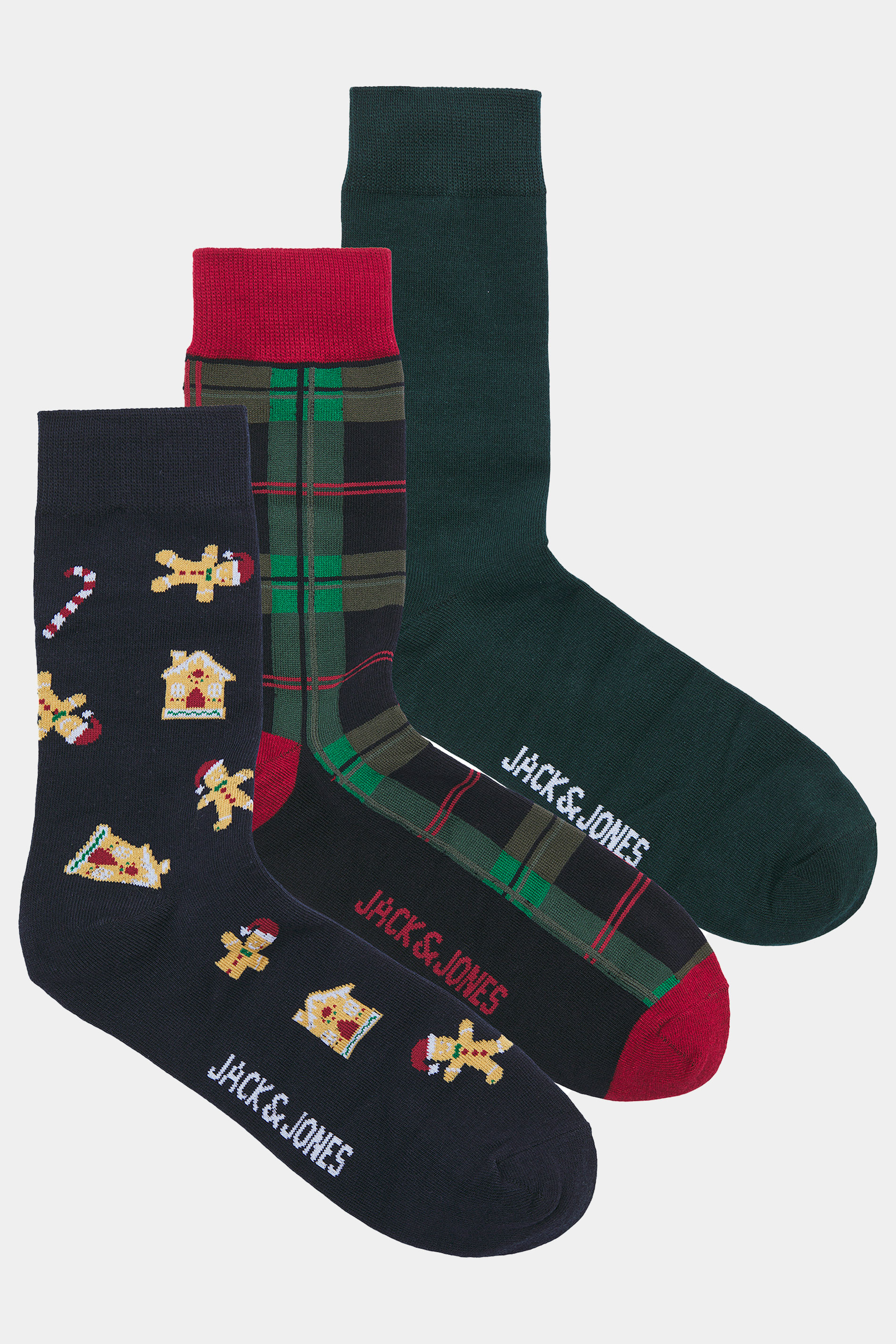 JACK & JONES 3 PACK Blue & Green Christmas & Tartan Print Socks | BadRhino 3