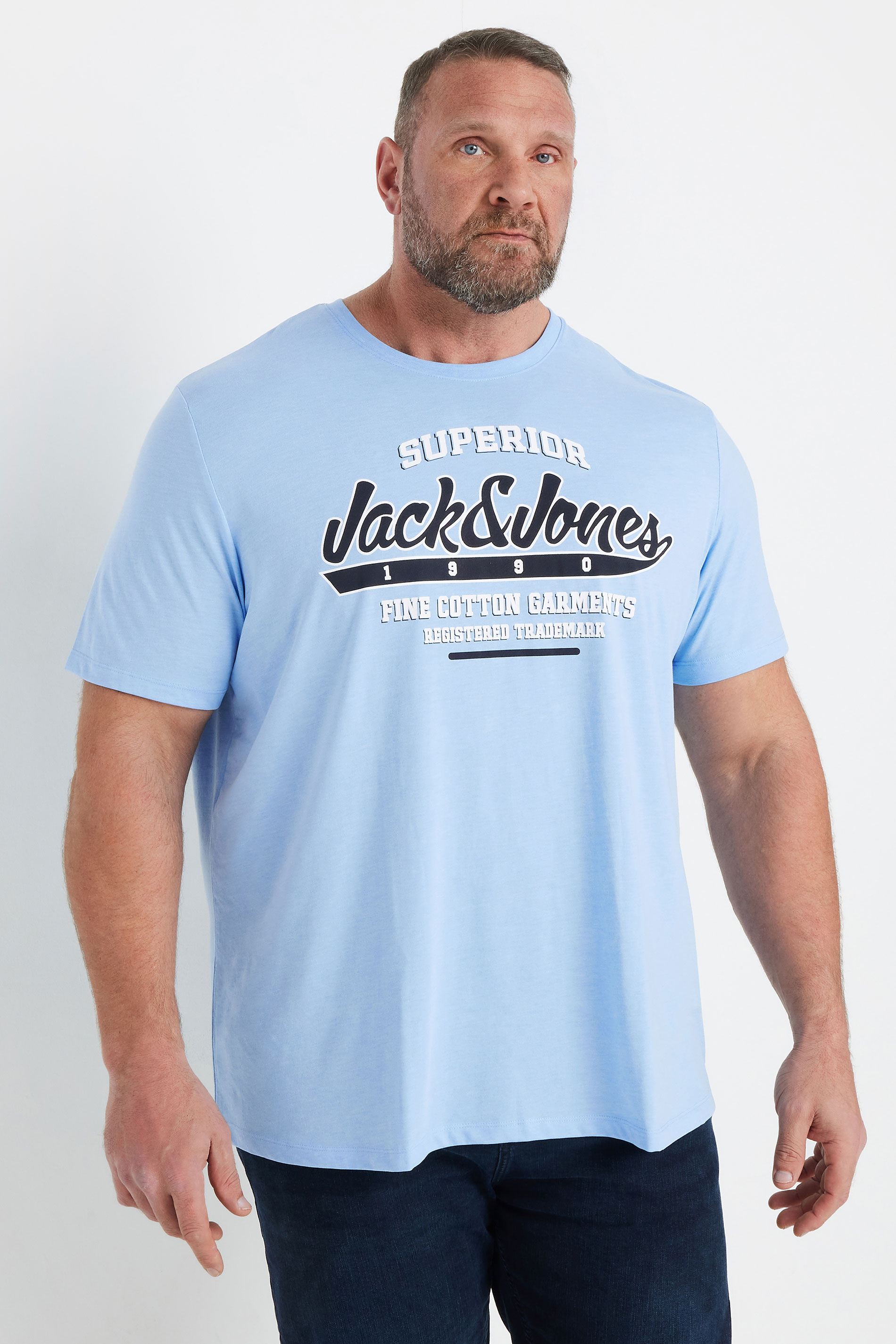 JACK & JONES Big & Tall Light Blue 'Superior' Logo Printed T-Shirt | BadRhino 1
