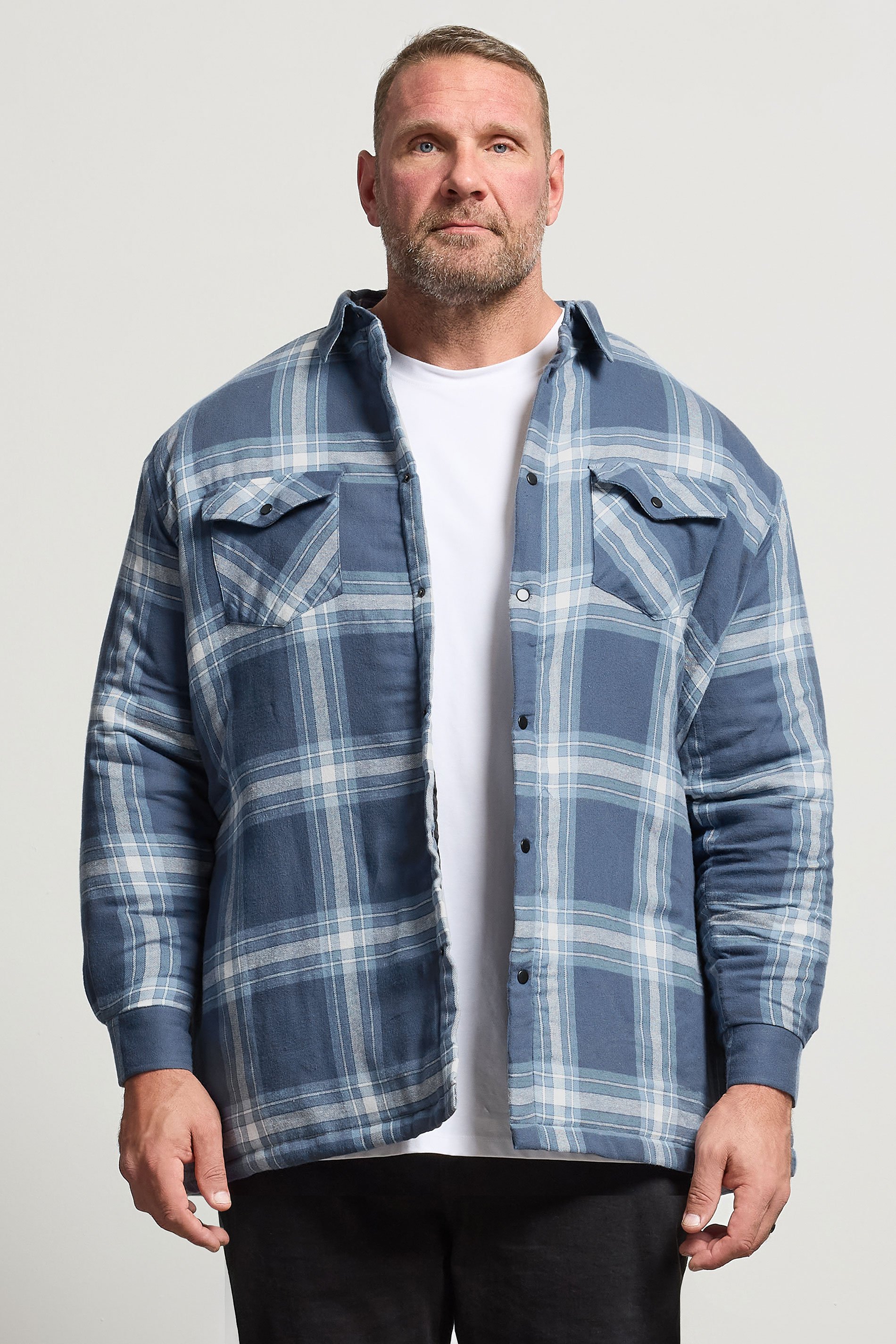 KAM Big & Tall Denim Blue Quilted Long Sleeve Check Overshirt | BadRhino 1