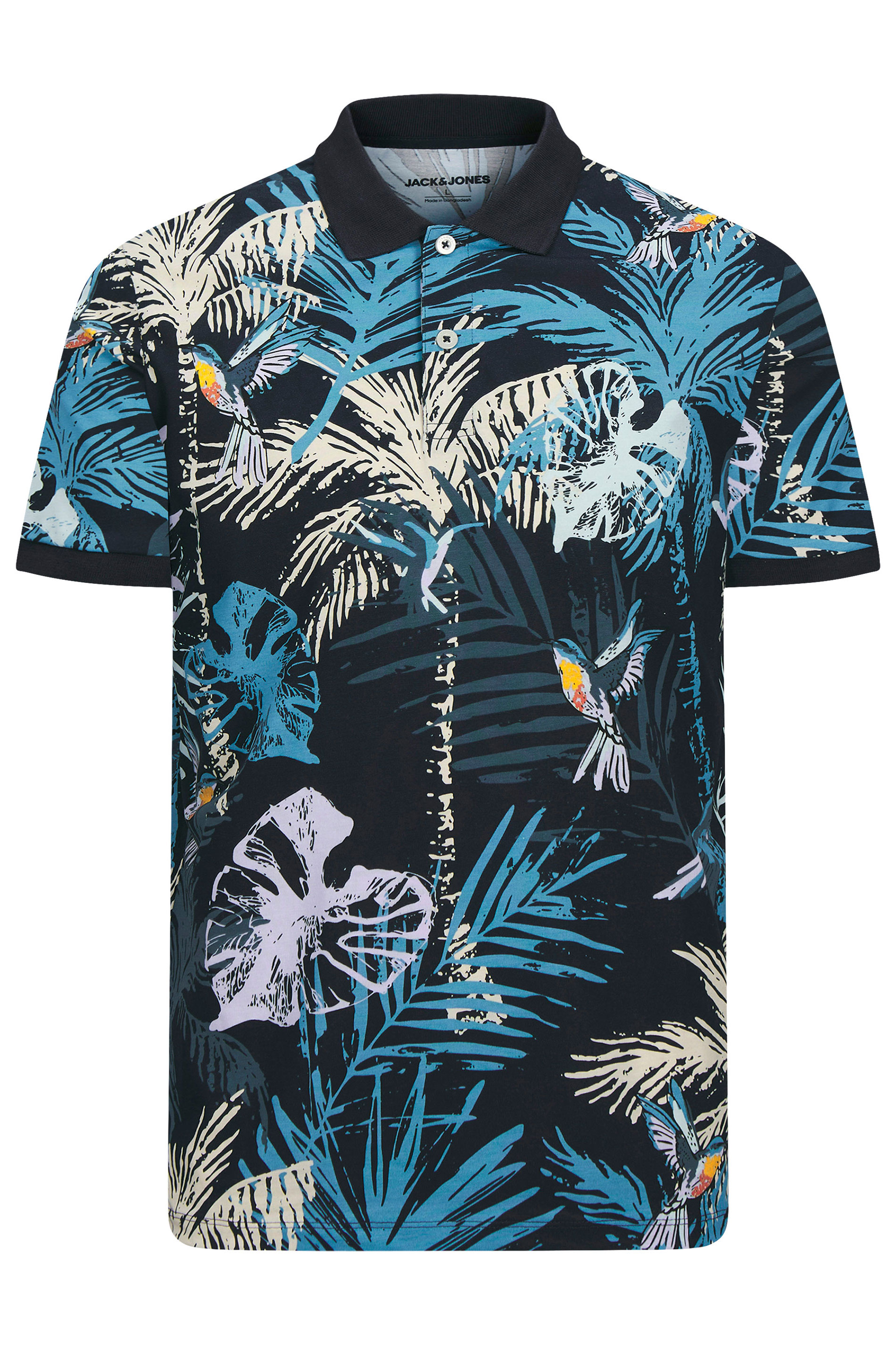 JACK & JONES Big & Tall Blue Hawaiian Printed Polo Shirt | BadRhino 2