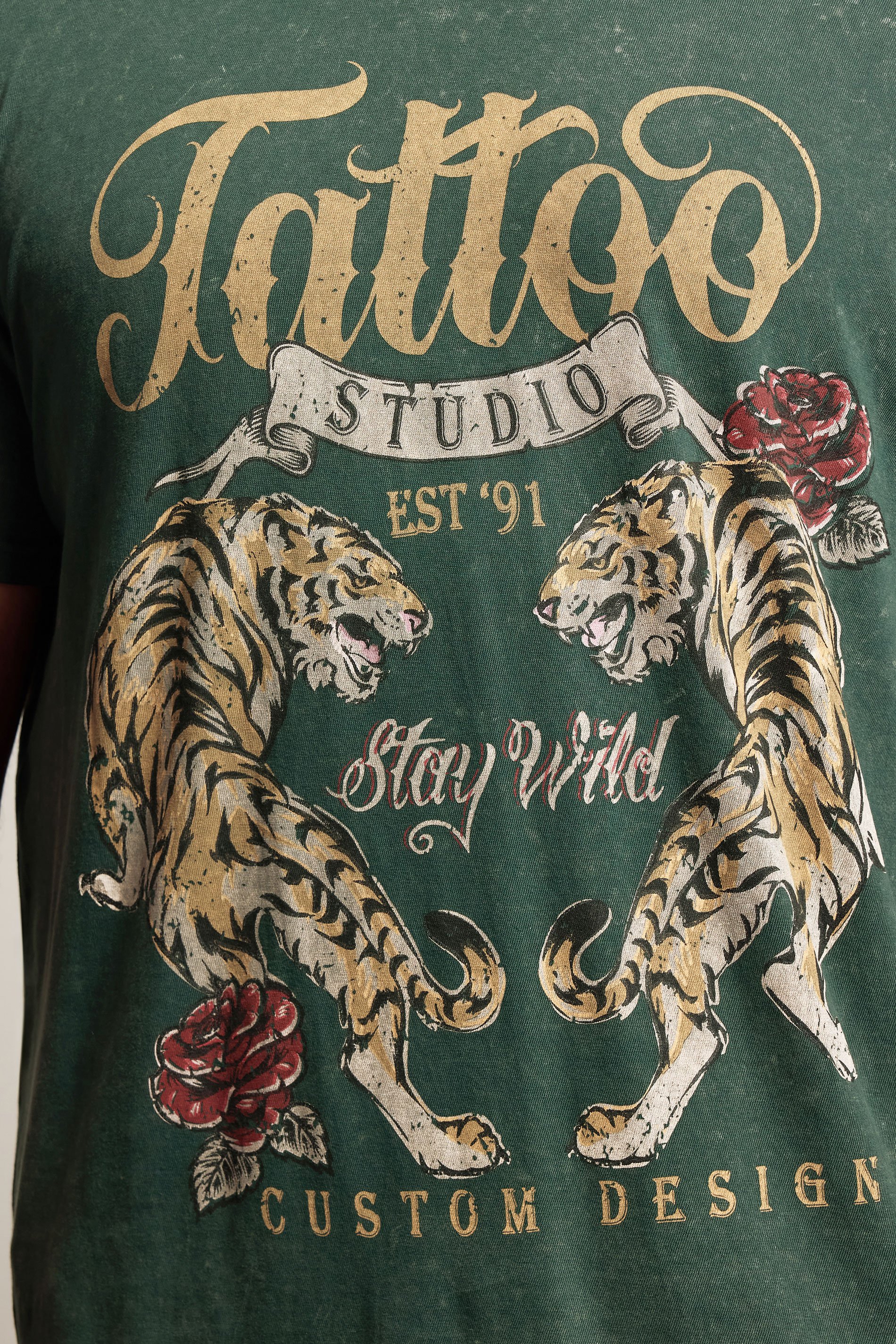 BadRhino Big & Tall Green Acid Wash Tattoo Tiger Graphic T-Shirt | BadRhino 4
