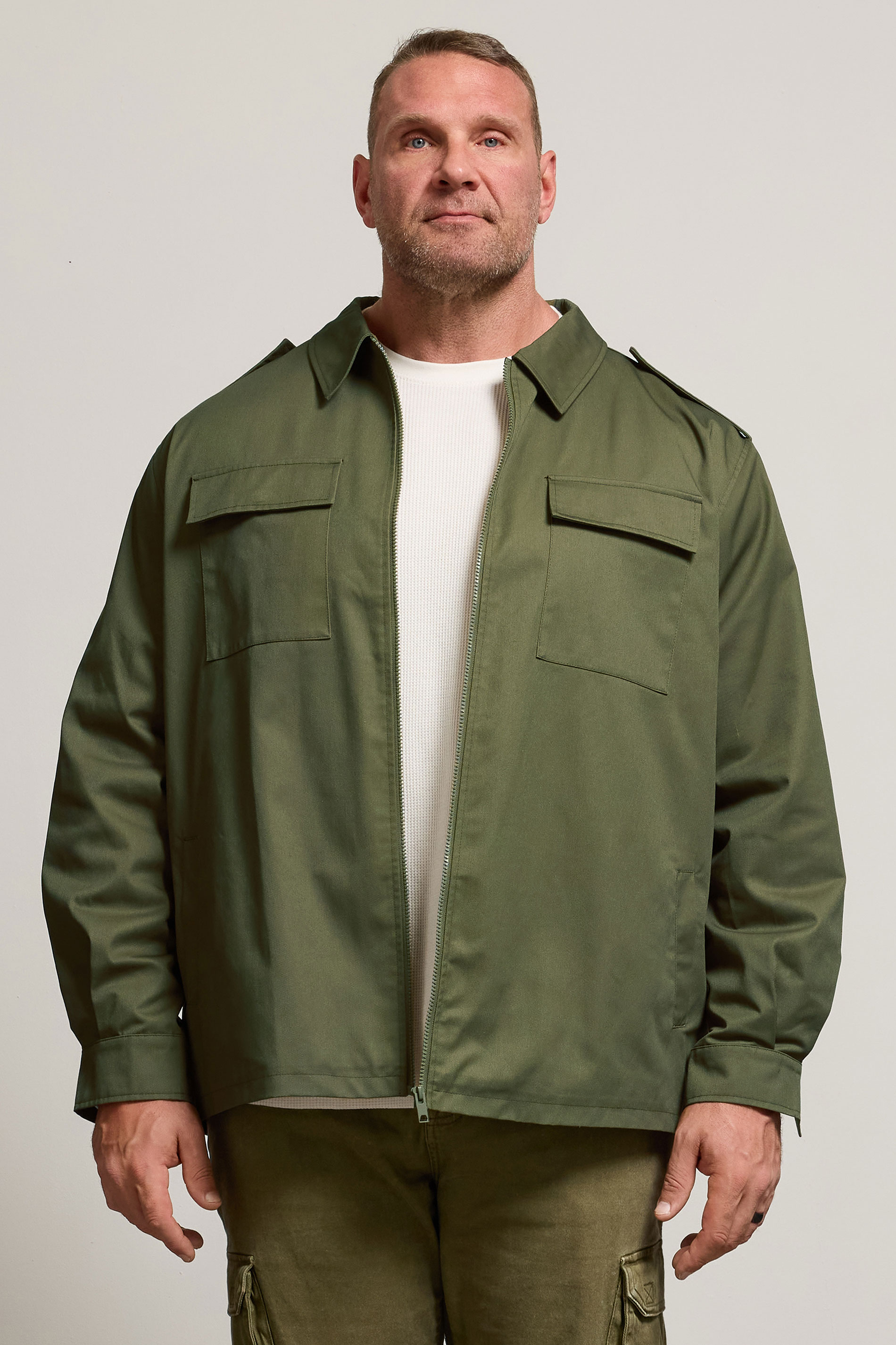 BadRhino Big & Tall Khaki Green Military Zip Through Overshirt | BadRhino 2