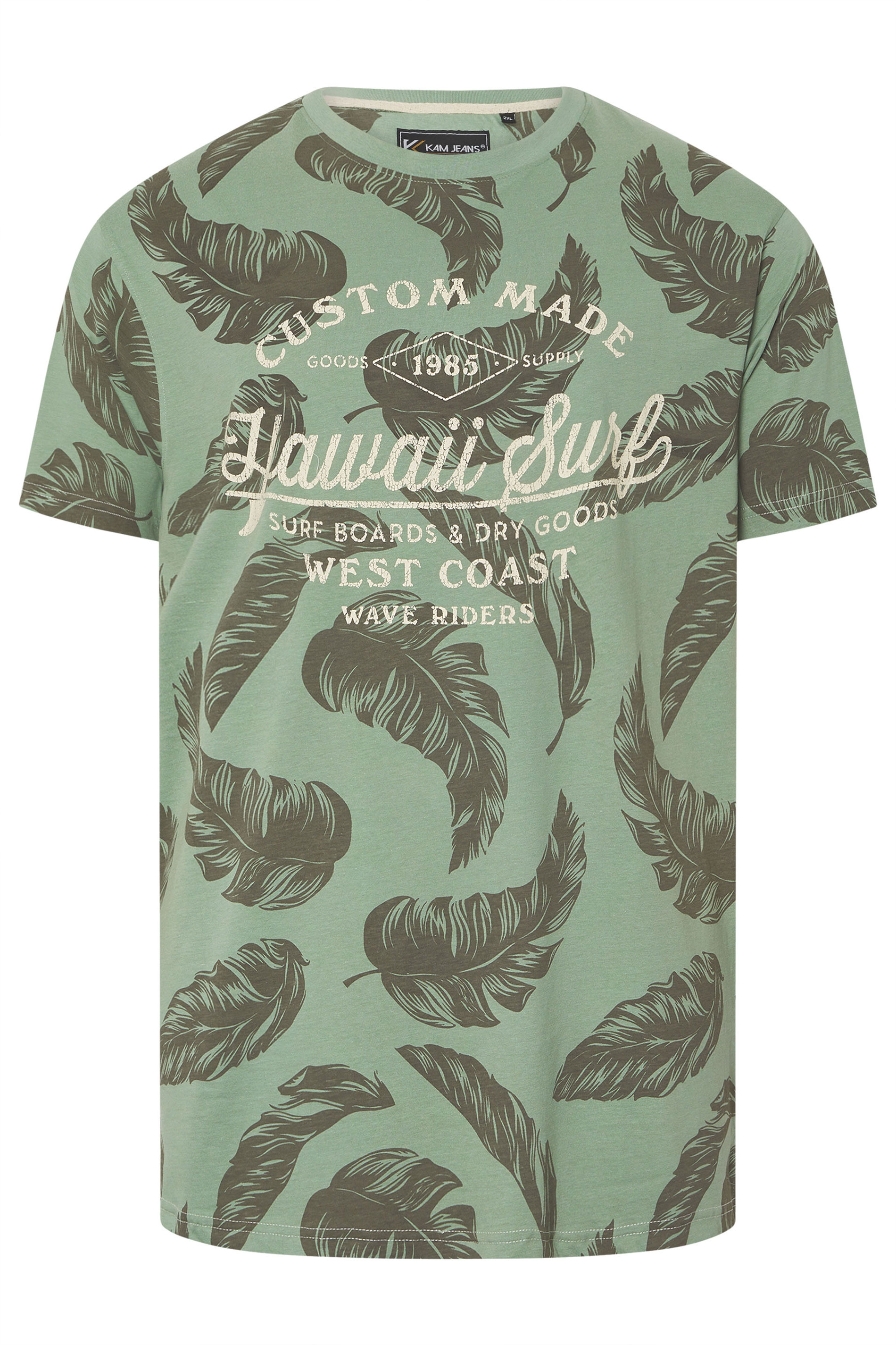 KAM Big & Tall Sage Green 'Hawaii Surf' Leaf Print T-Shirt | BadRhino 3