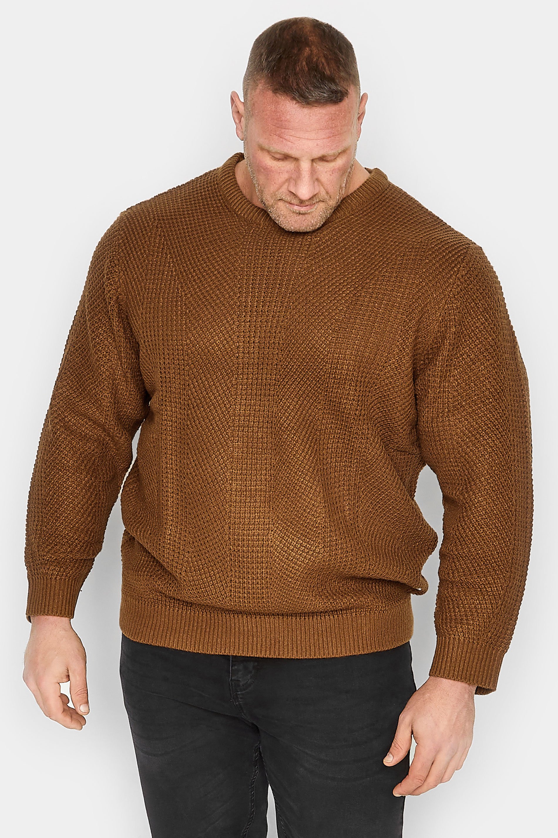 JACK & JONES Big & Tall Brown Knitted Crew Neck Jumper | BadRhino 1