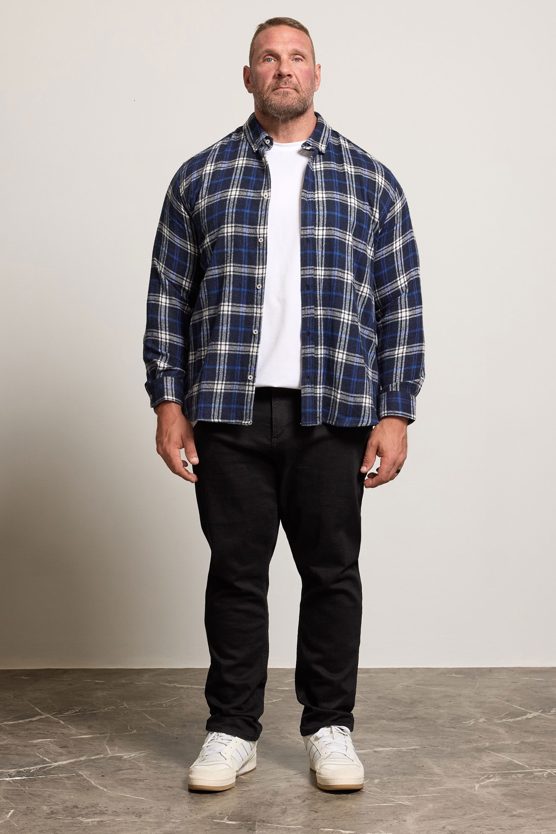 BadRhino Big & Tall White & Navy Blue Brushed Checked Shirt | BadRhino 2