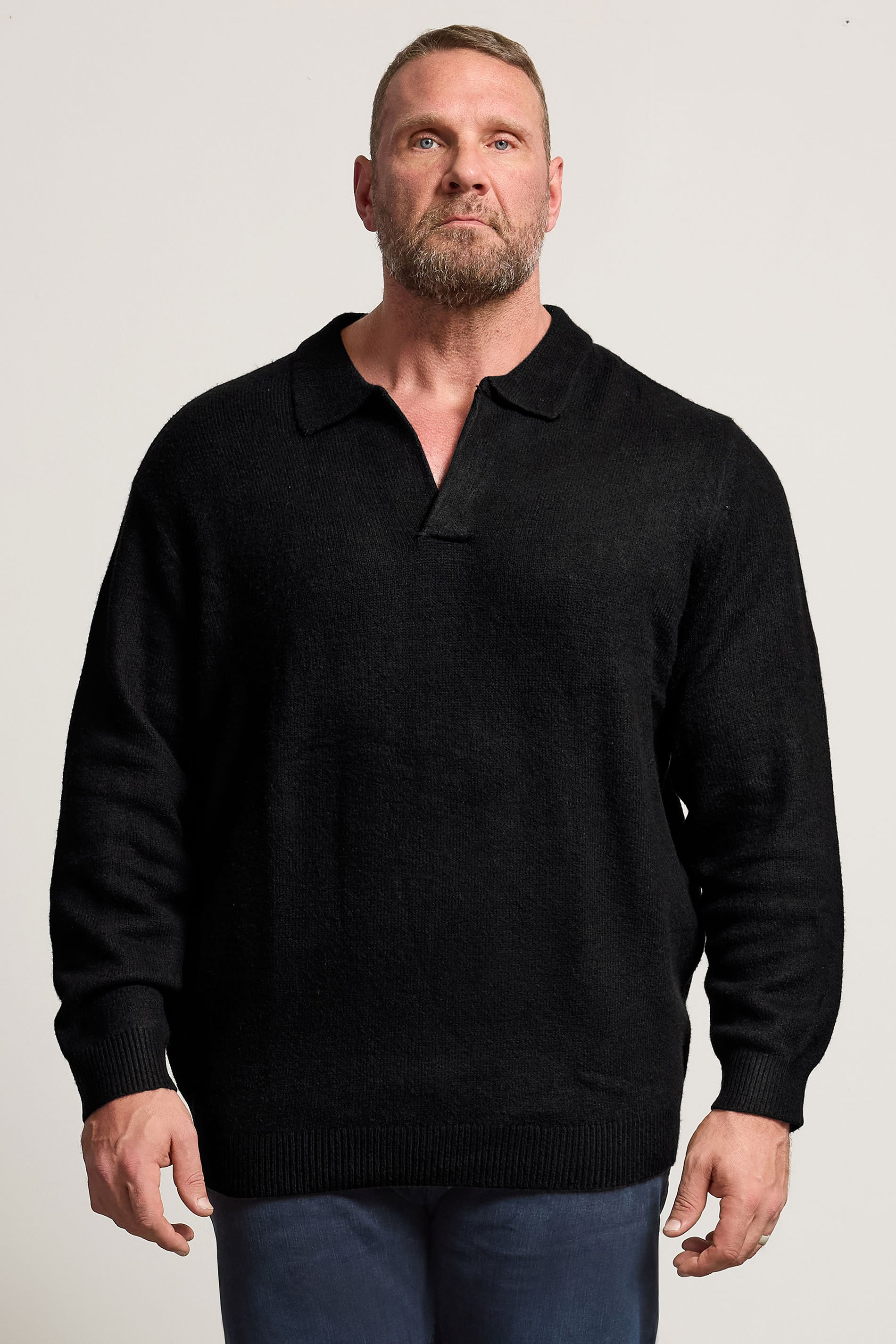 JACK & JONES Big & Tall Black Split Neck Knitted Jumper | BadRhino 1