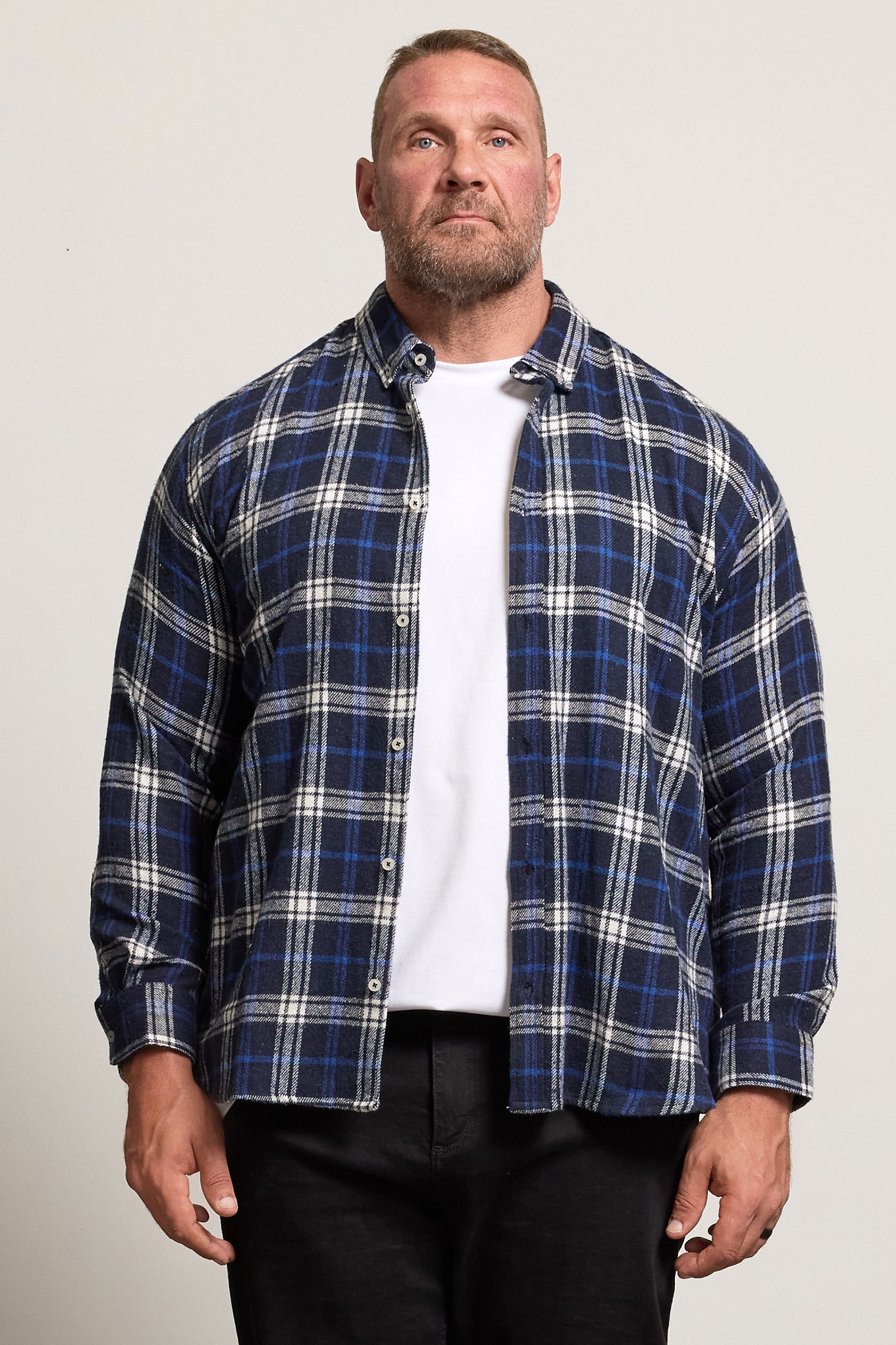 BadRhino Big & Tall White & Navy Blue Brushed Checked Shirt | BadRhino 1