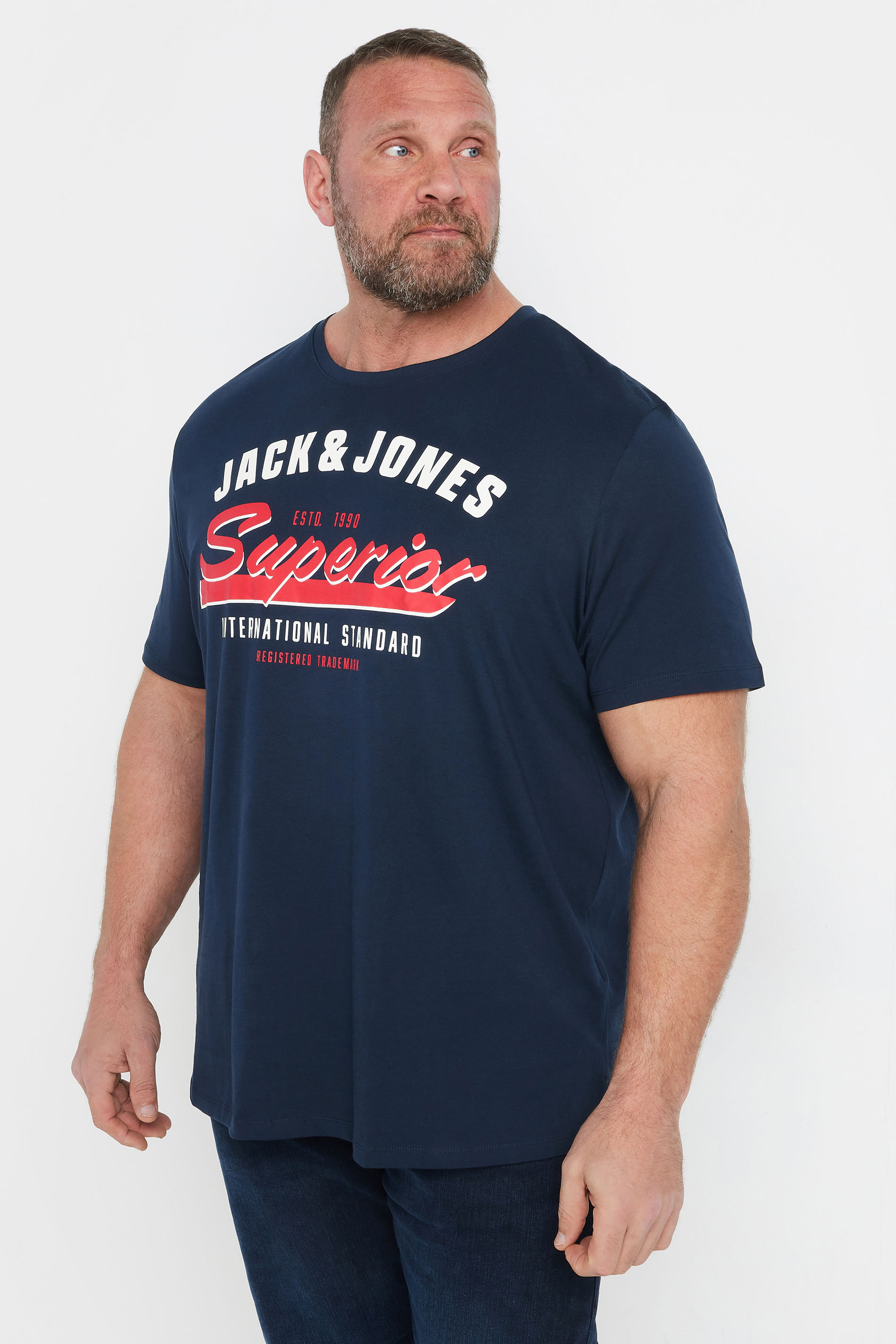 JACK & JONES Big & Tall Navy Blue 'Superior' Printed T-Shirt | BadRhino 1