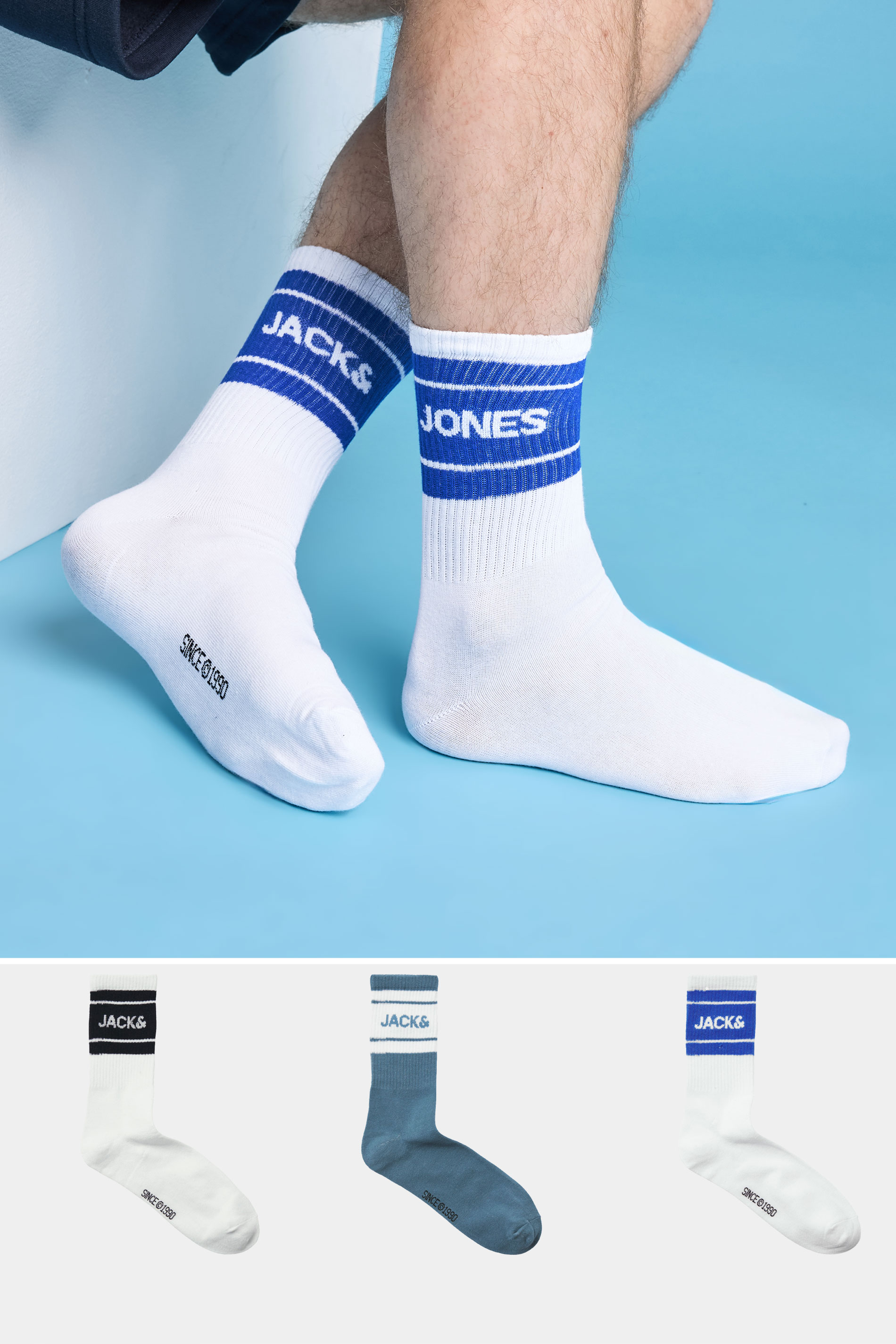 JACK & JONES 3 Pack Blue & White Tennis Socks | BadRhino 2