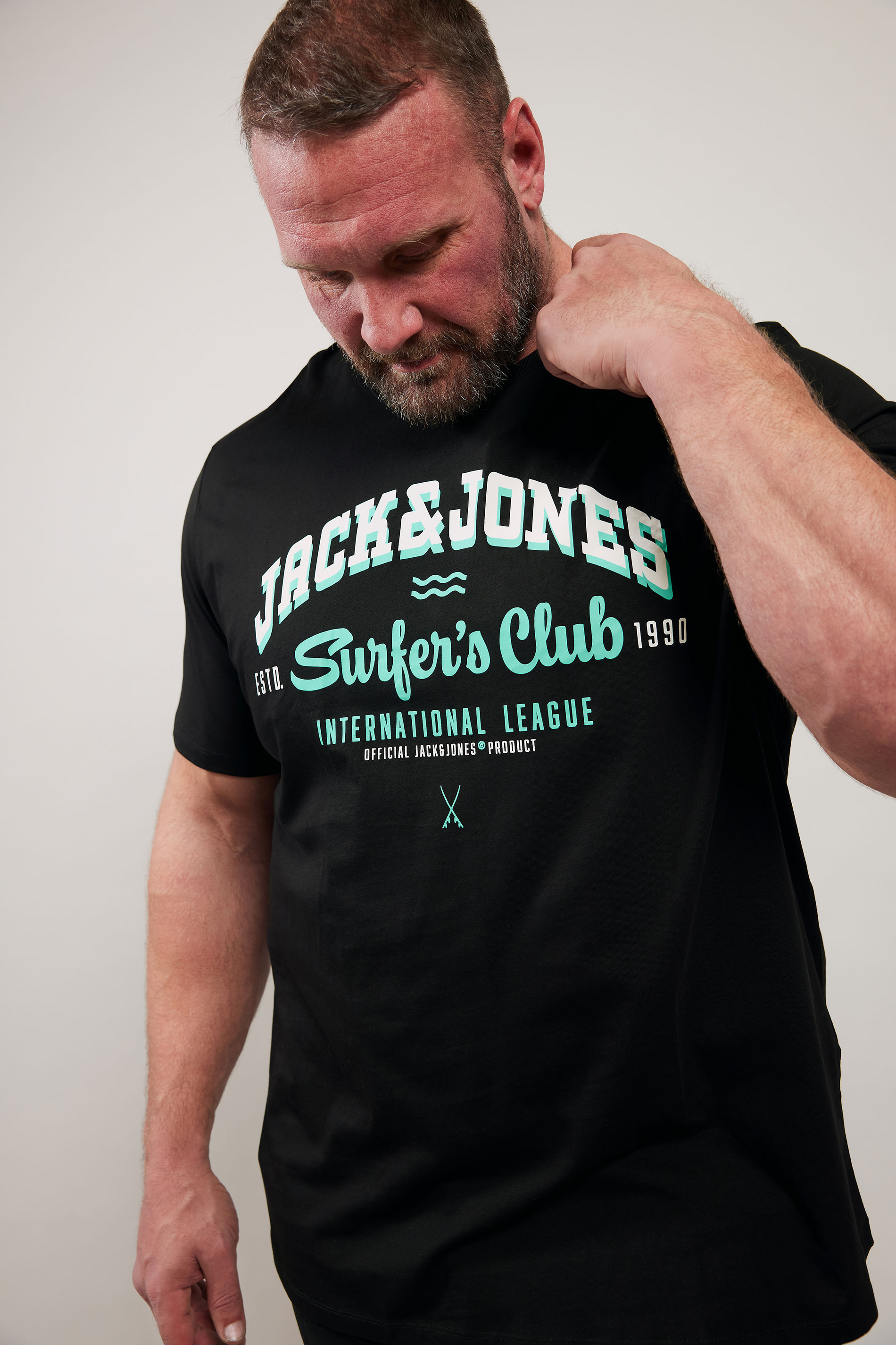 JACK & JONES Big & Tall Black 'Surfer's Club' Printed T-Shirt | BadRhino 1