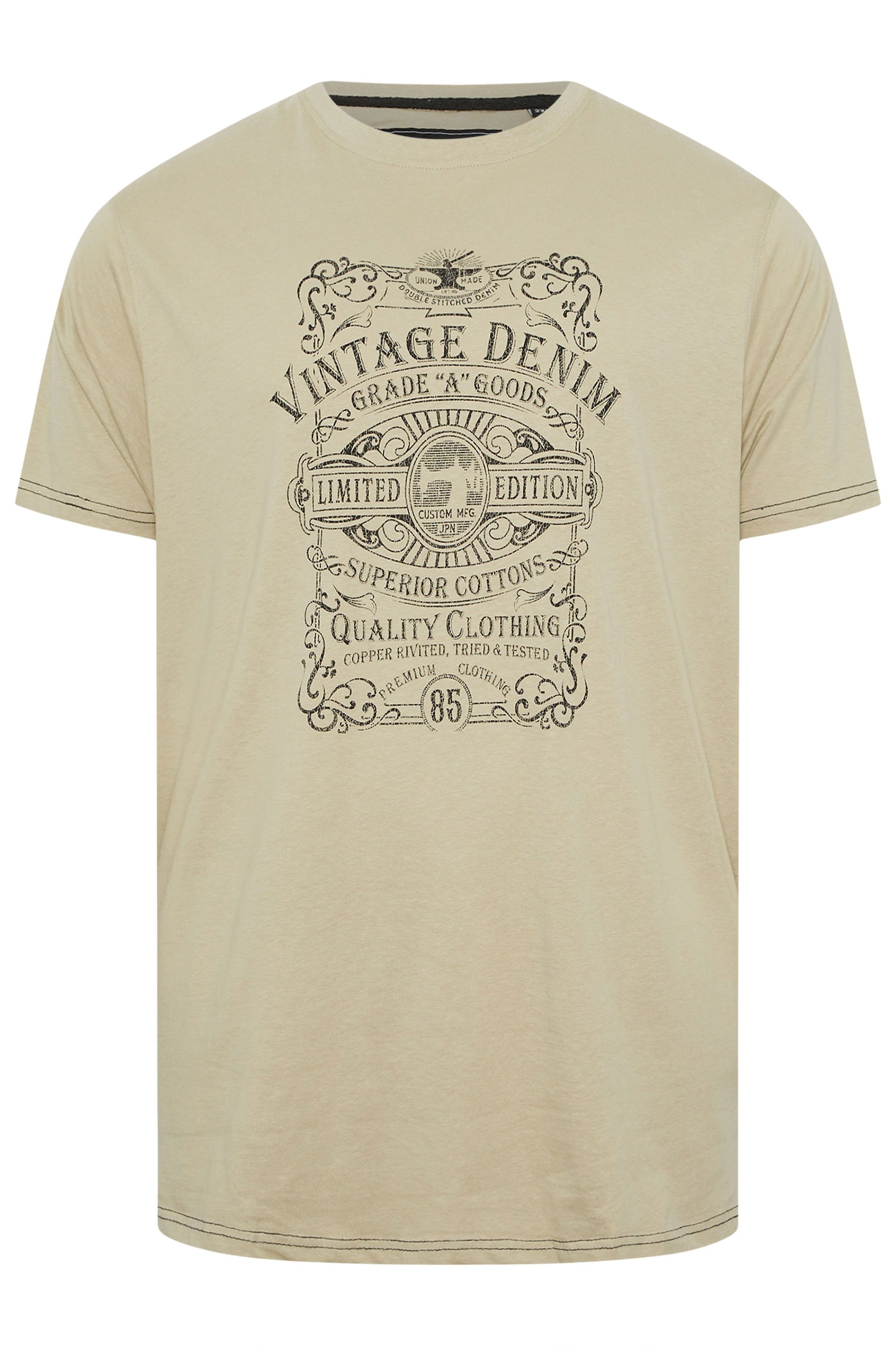 KAM Big & Tall Stone Beige Vintage Denim Graphic Print T-Shirt | BadRhino 3