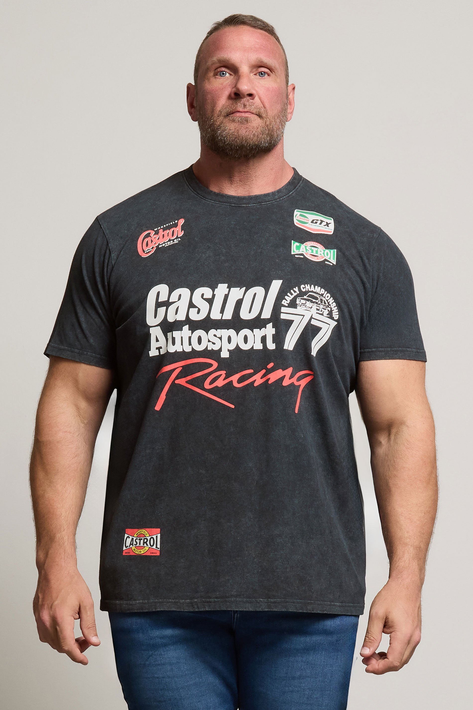 BadRhino Big & Tall Black Acid Wash Printed 'Castrol' T-Shirt | BadRhino 1