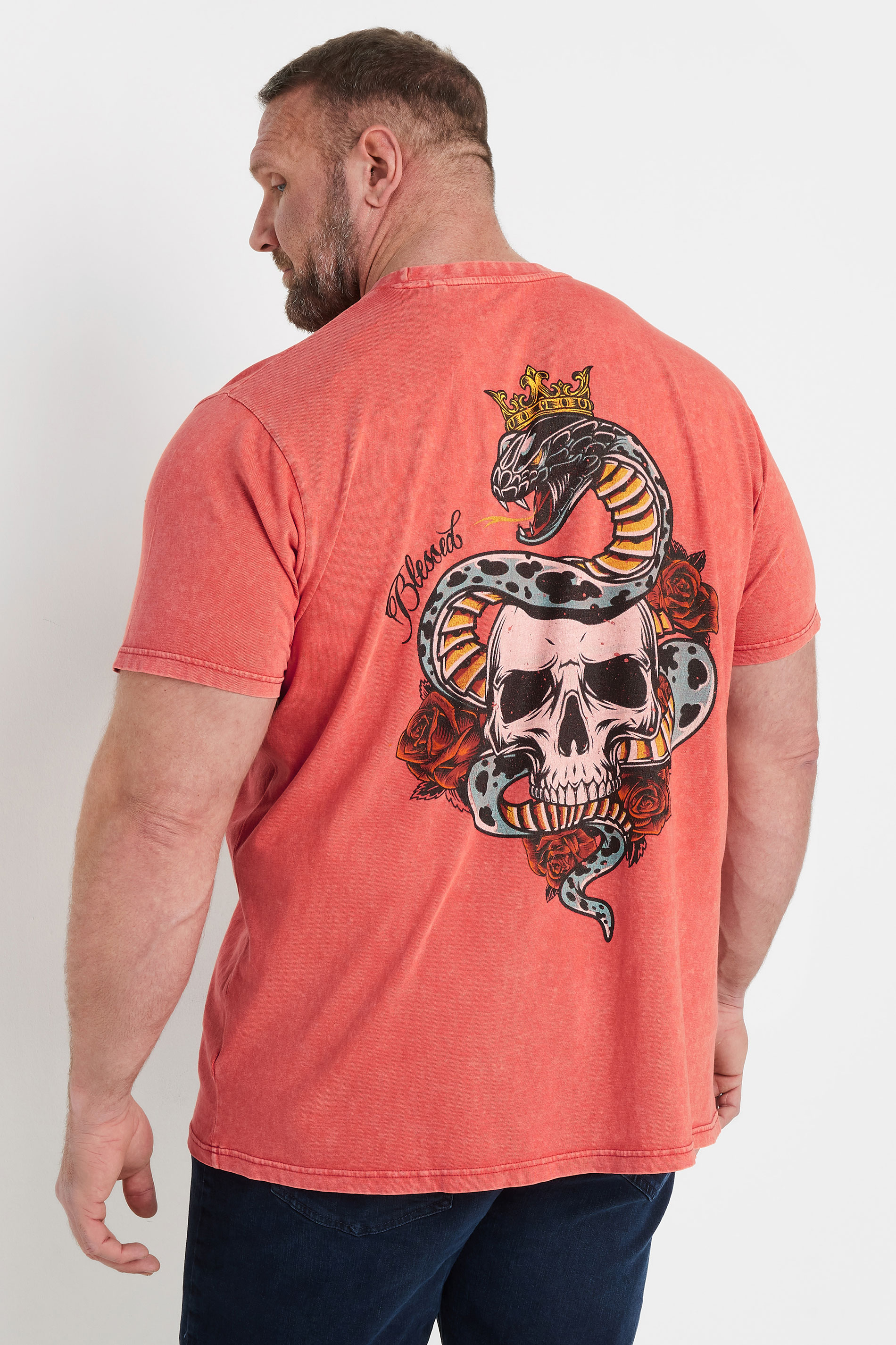 BadRhino Big & Tall Red Acid Wash Skull & Snake Graphic T-Shirt | BadRhino 3