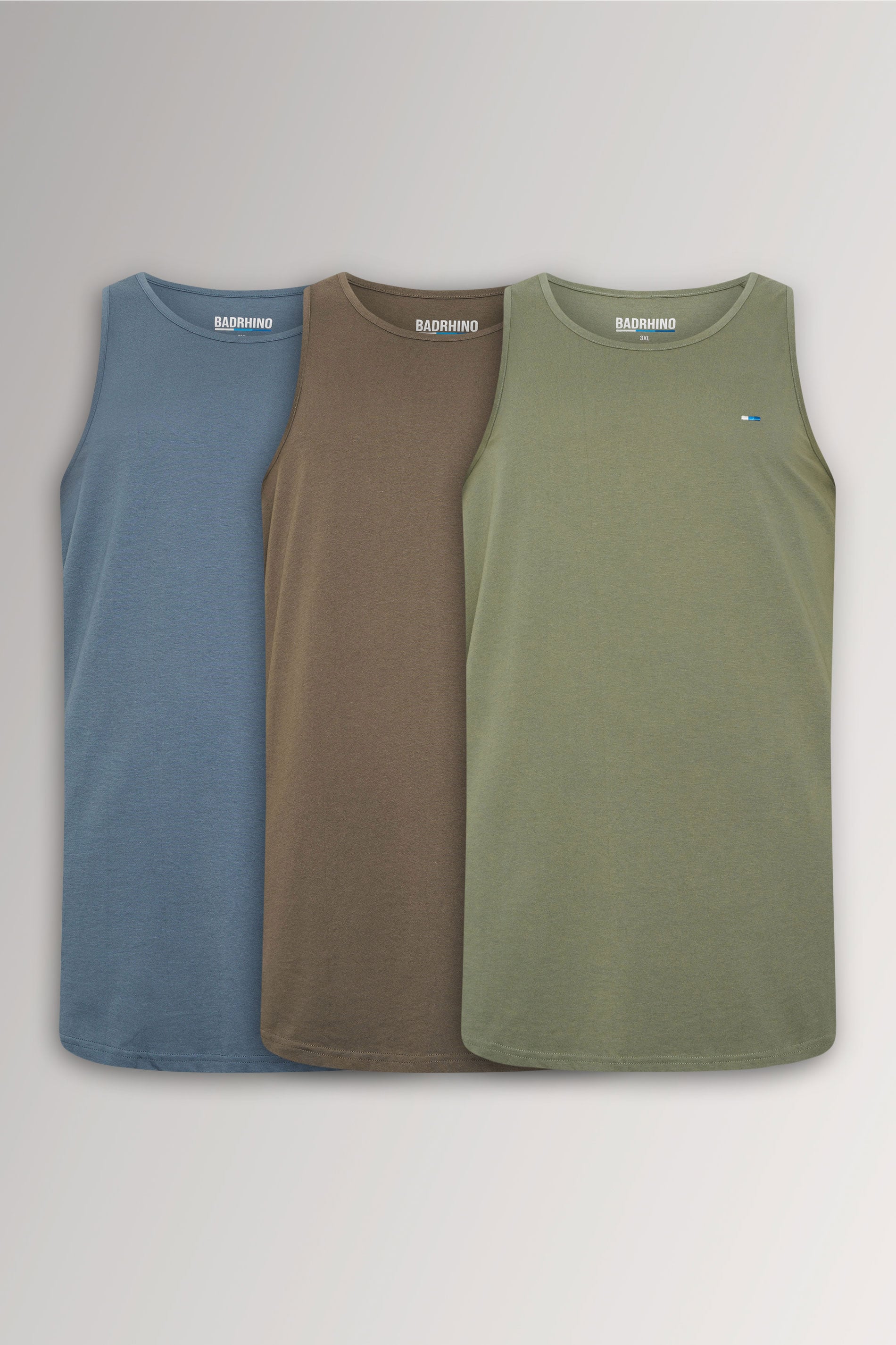 BadRhino Big & Tall 3 Pack Blue/Green/Brown Extra Long Plain Vest Top | BadRhino 3