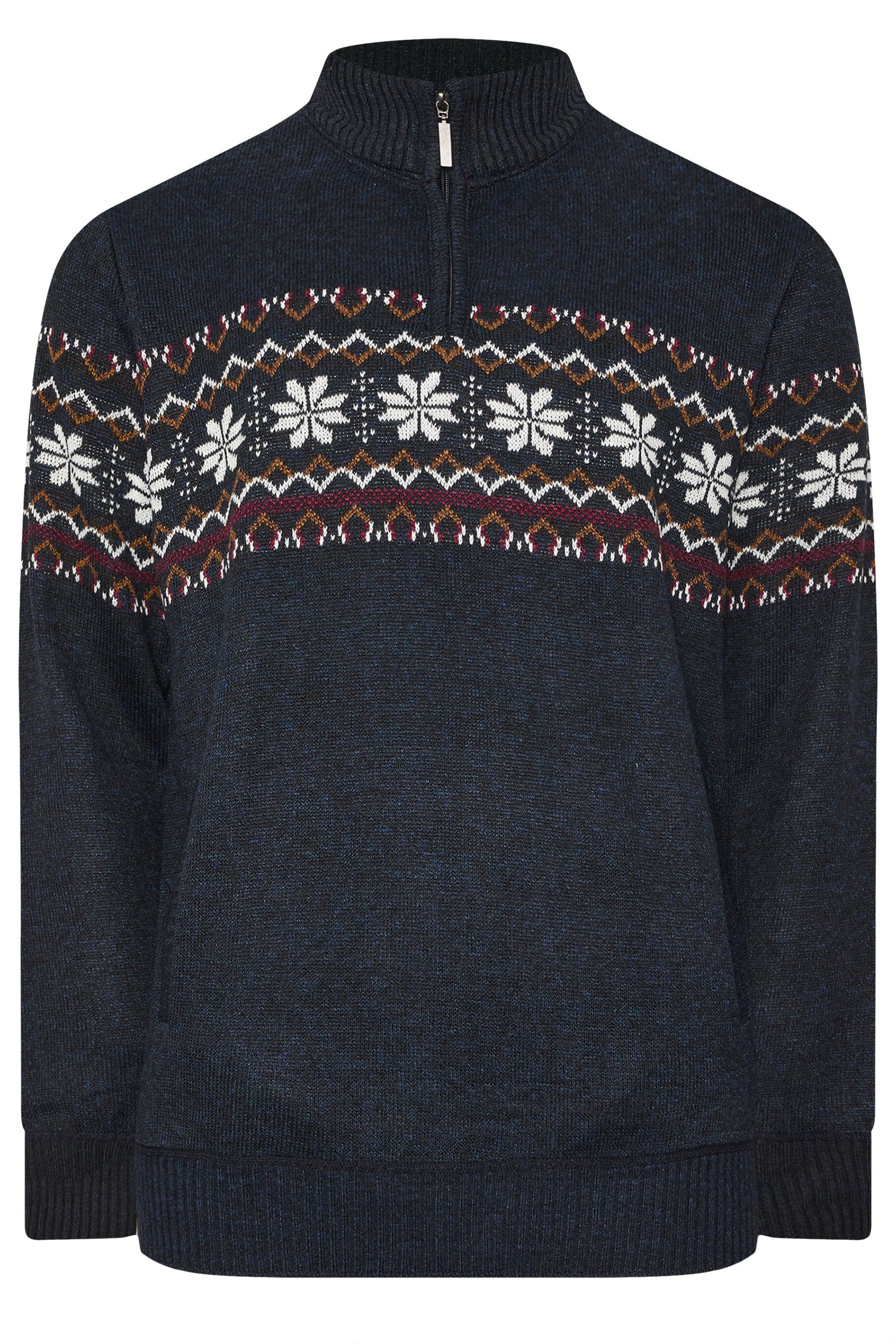 D555 Big & Tall Navy Blue Fairisle Quarter Zip Knitted Jumper | BadRhino 3