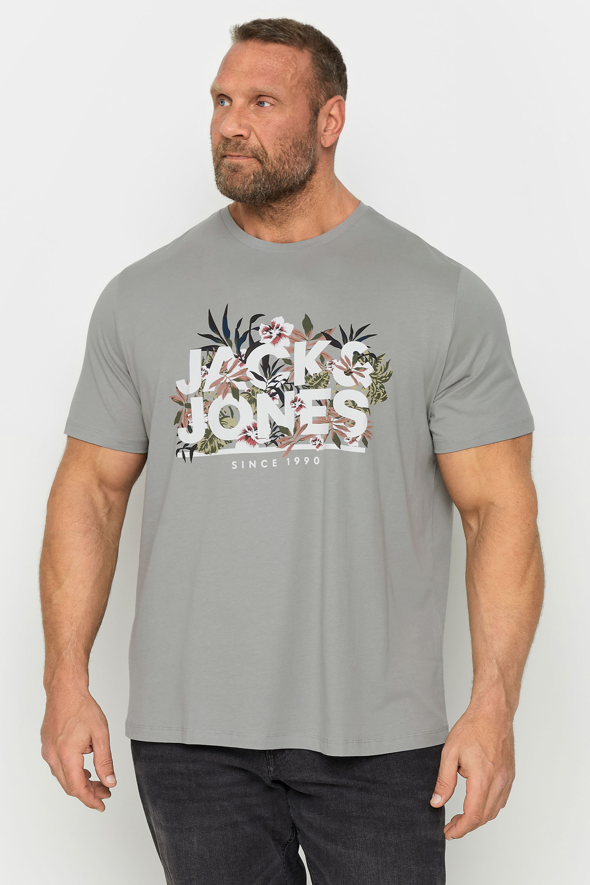 JACK & JONES Big & Tall Grey Floral Logo Print T-Shirt | BadRhino 1