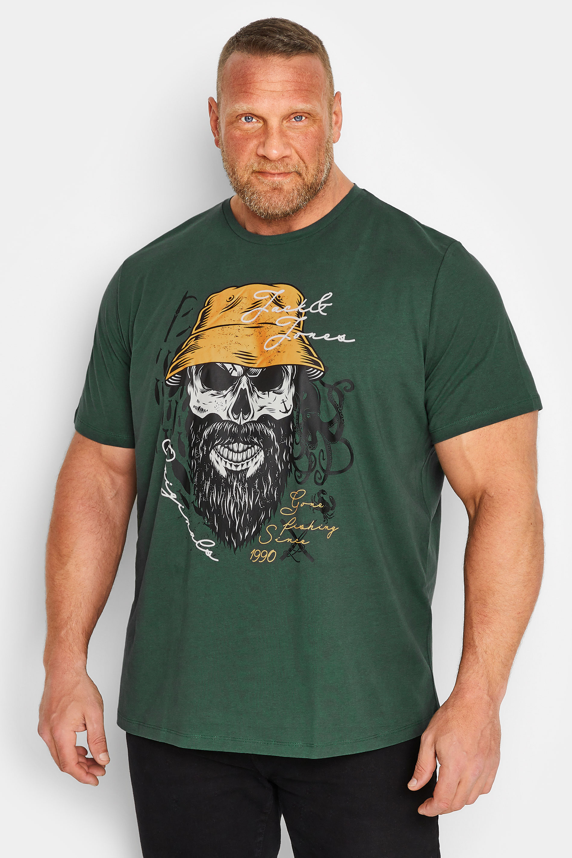 JACK & JONES Big & Tall Mens Green Bucket Hat Skeleton Print T-Shirt | BadRhino 1