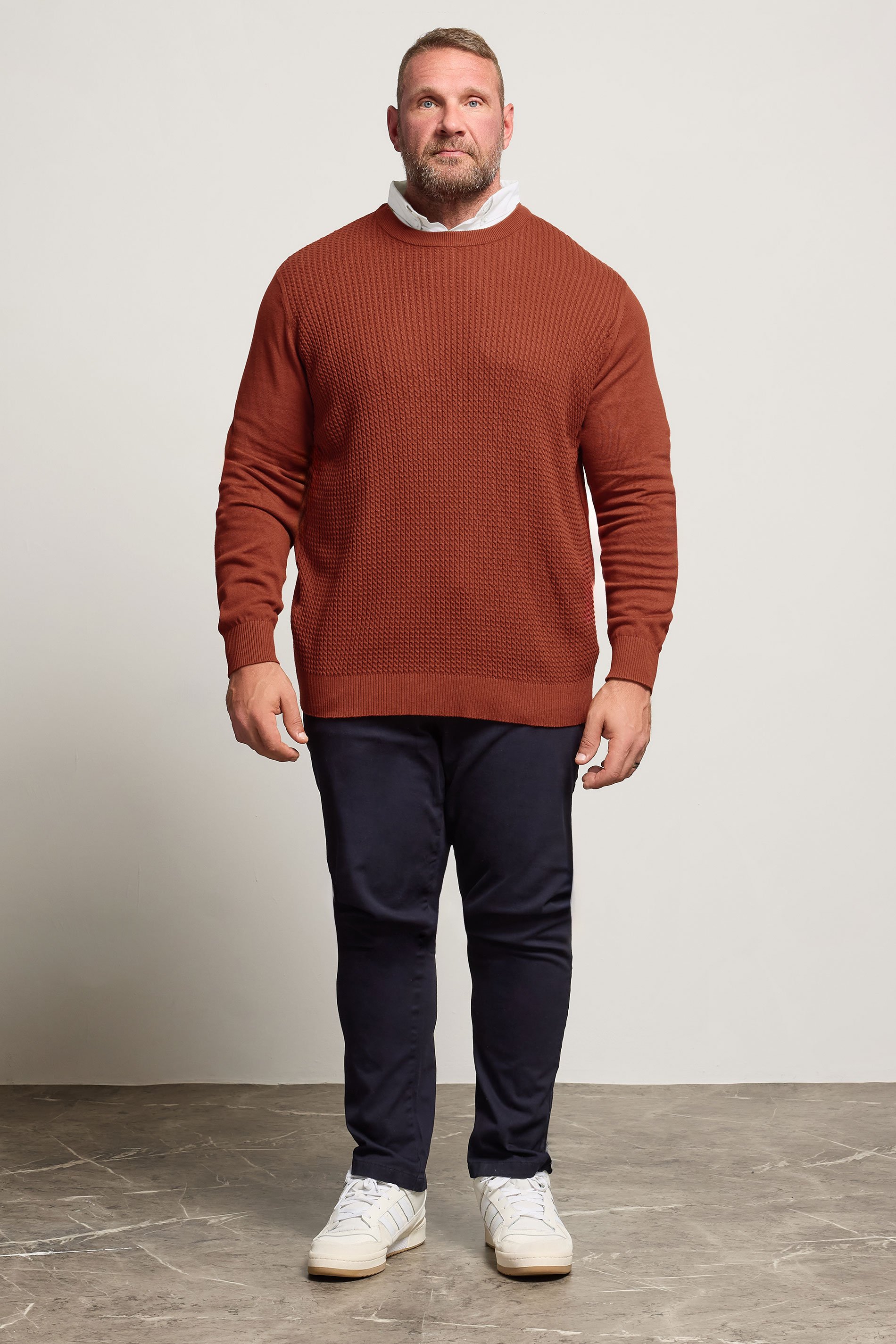 BadRhino Big & Tall Burnt Red Cable Knit Mock Shirt Jumper  2